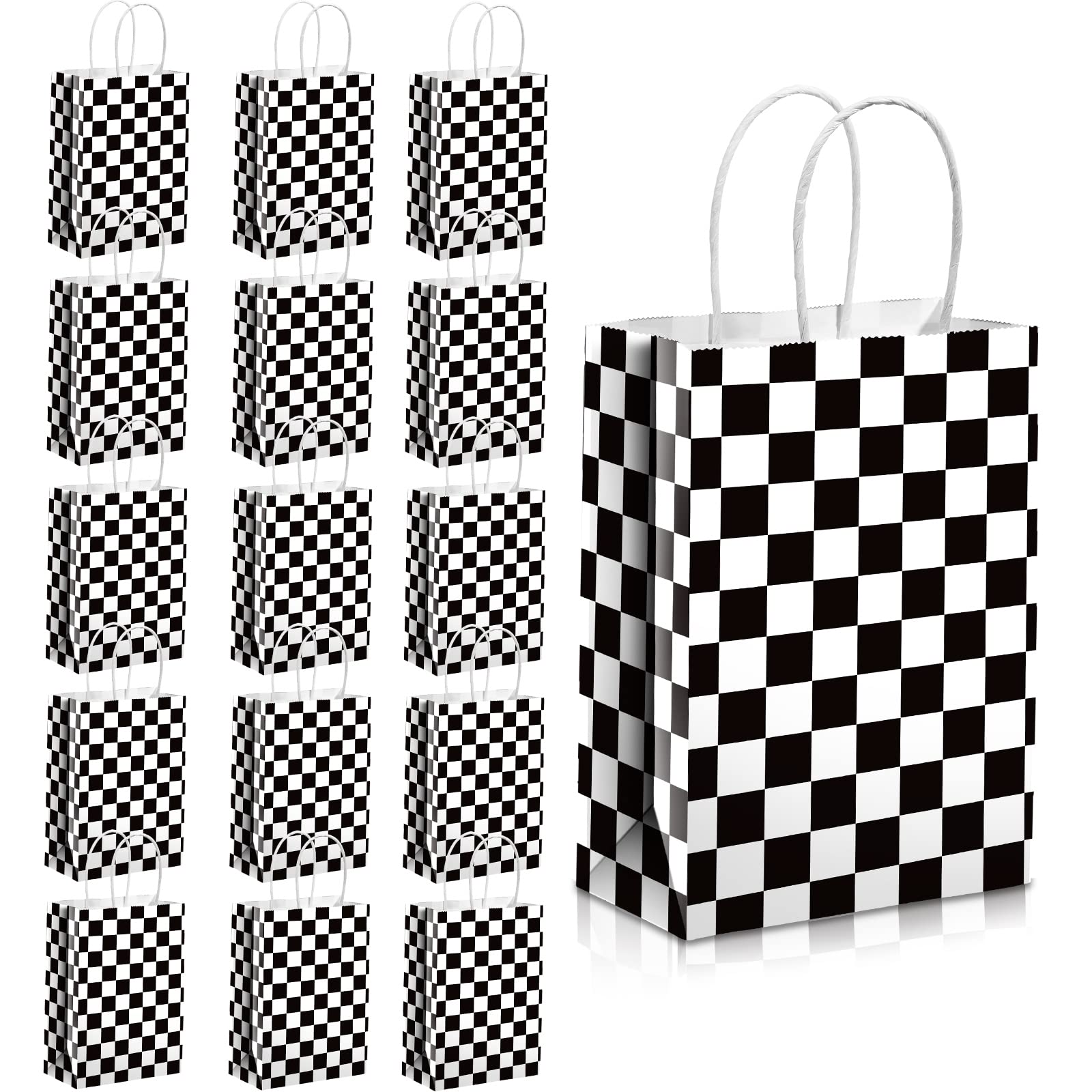 Epakh 16 Pcs Checkered Racing Treat Bags Race Car Party Favors Bag With Handles Black And White Checkered Racing Flag Candy Bags