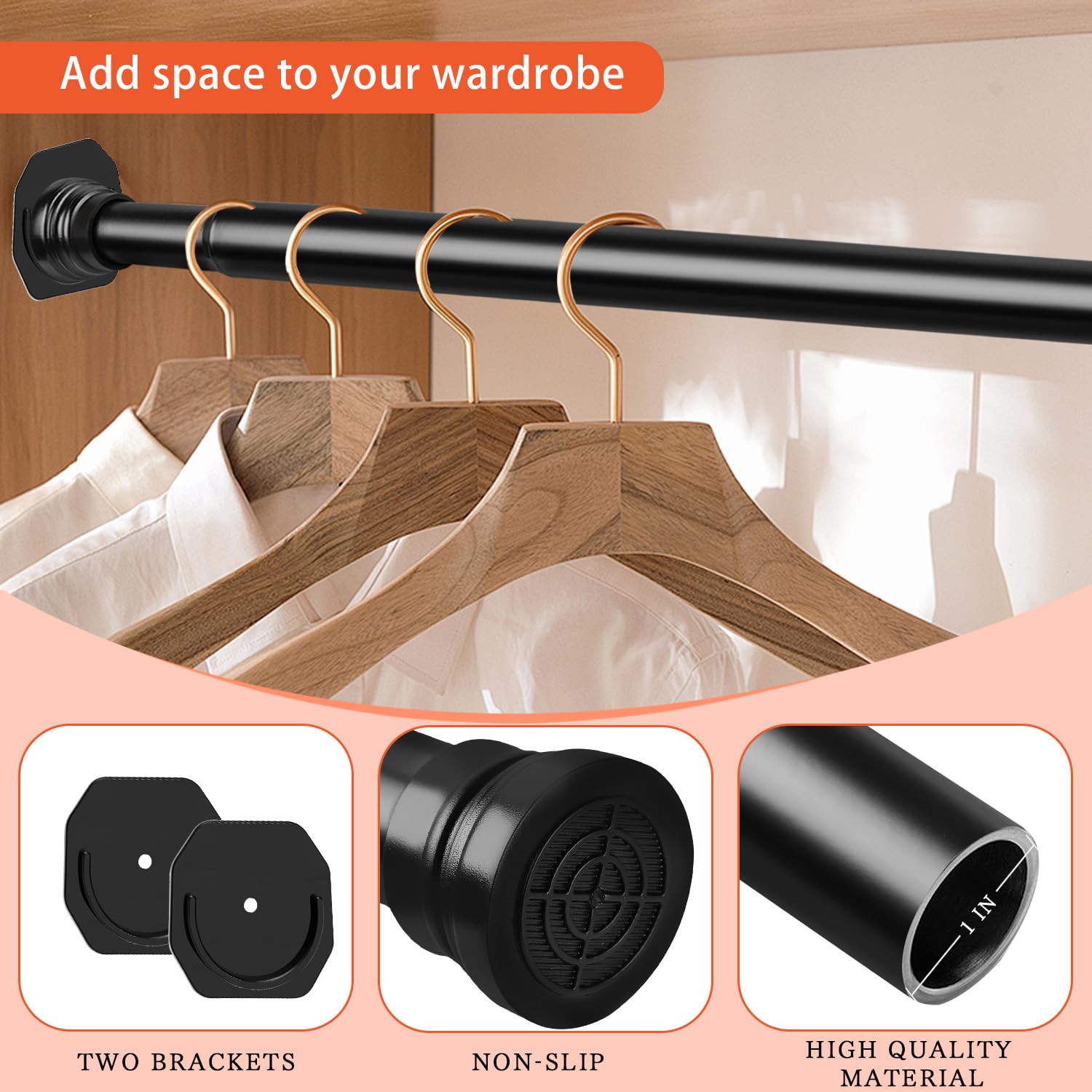 Dwelspire Closet Rod For Hanging Clothes, With No Drilling Holder 30 To 88 Inches Adjustable Matte Black Closet Rods, Space Savi