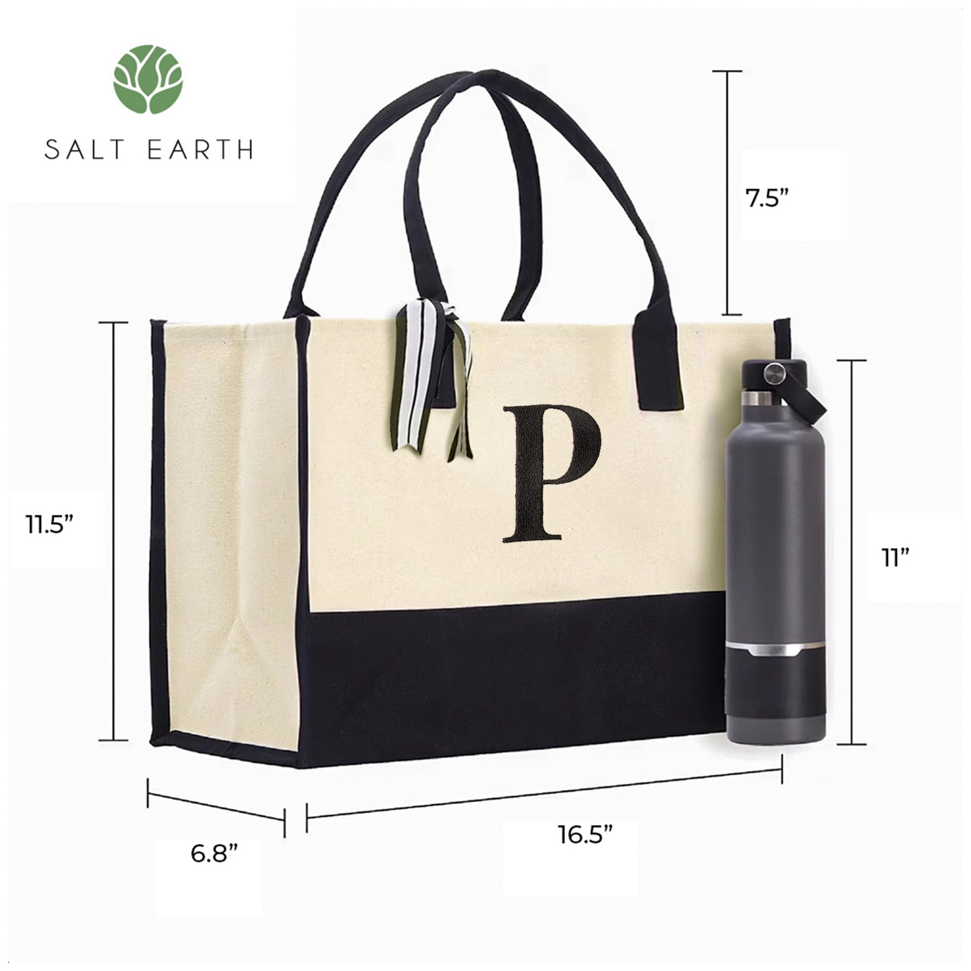 Salt Earth 100% Cotton Personalized Everyday Canvas Initial Tote Bag For Women, Monogrammed Large Utility Bag For Beach, Travel,