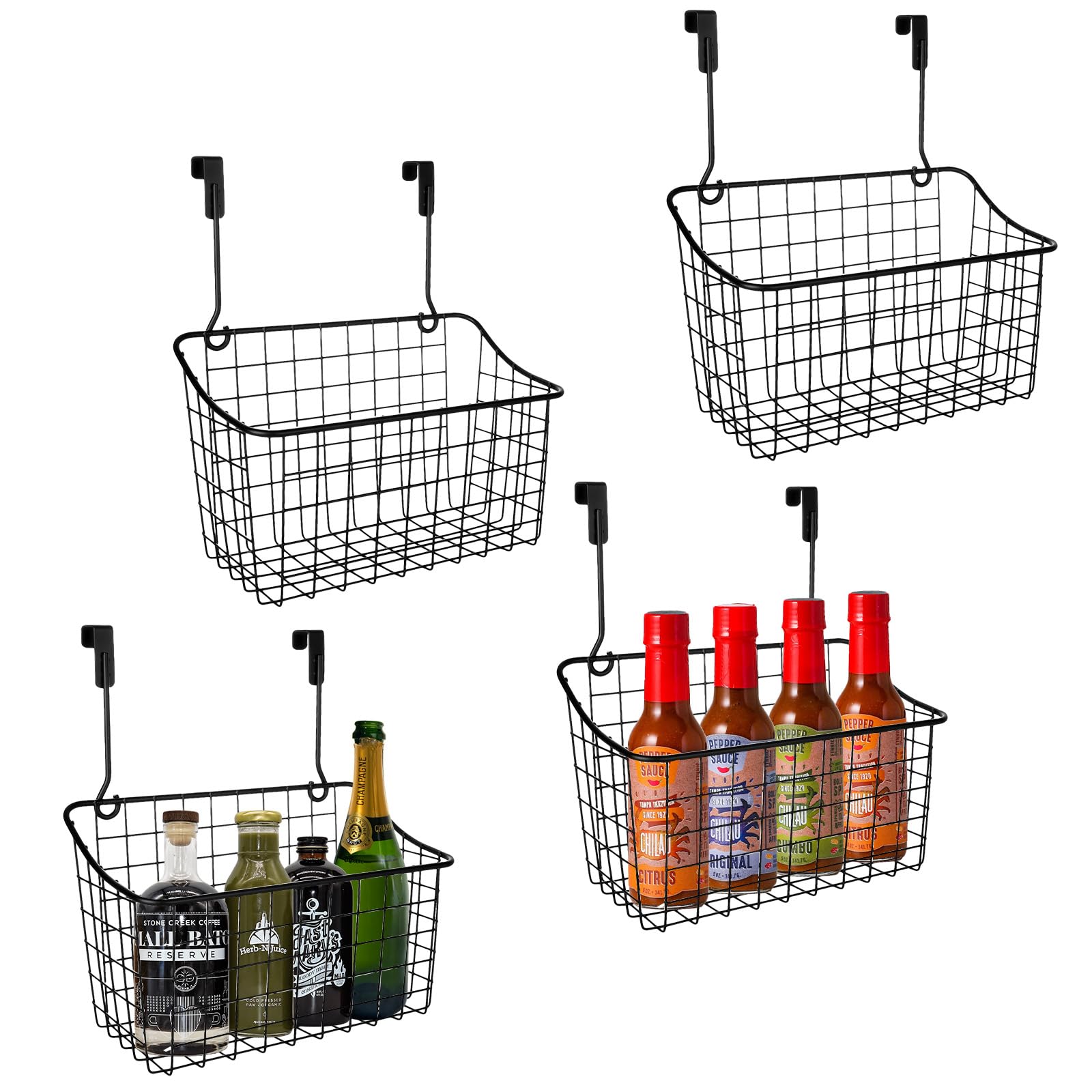Acxfond 4Pcs Over The Cabinet Basket, Over Cabinet Door Organizer, Grid Storage Baskets With Hooks, Metal Hanging Basket Kitchen