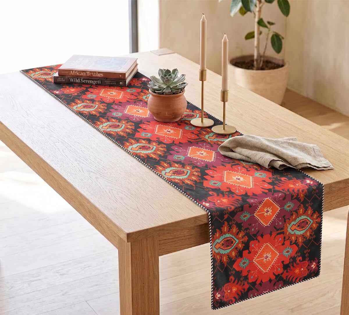 India Circus by Krsnaa Mehta Verdure Trails Micro Velvet Table Runner Printed Blended Canvas 6 Seater Table and Bed Runner (50 x