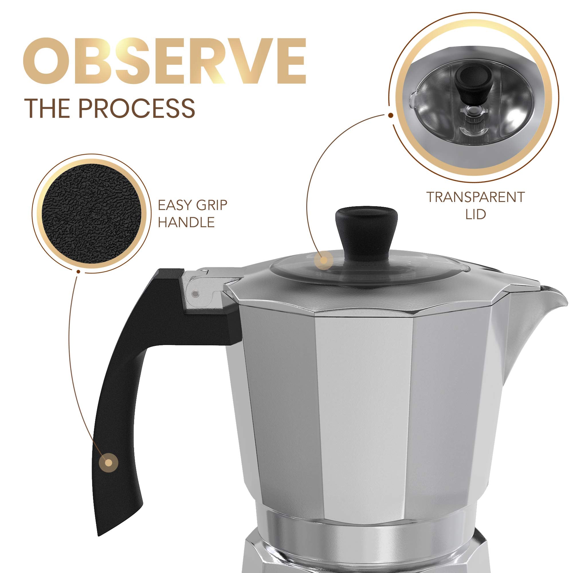 Cafe Du Chateau Espresso Maker (6 Cup) Transparent Top Lid, High Gloss Finish, With Coffee Clip Spoon - Coffee Percolator, Campi