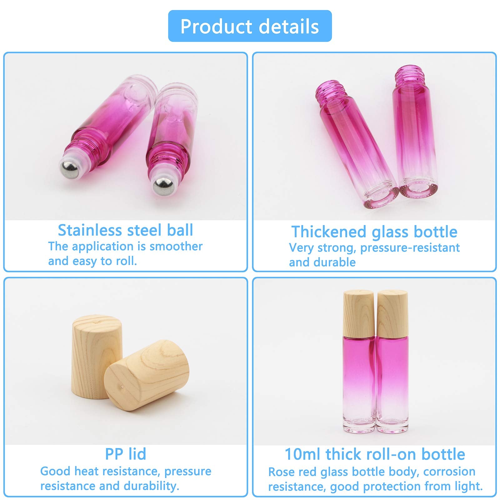 Newzoll 8Pcs Glass Roller Bottles Essential Oils Perfume Roll On Bottles 10Ml (1/3Oz) Rose Red Gradient Rolling Bottles Vials Co