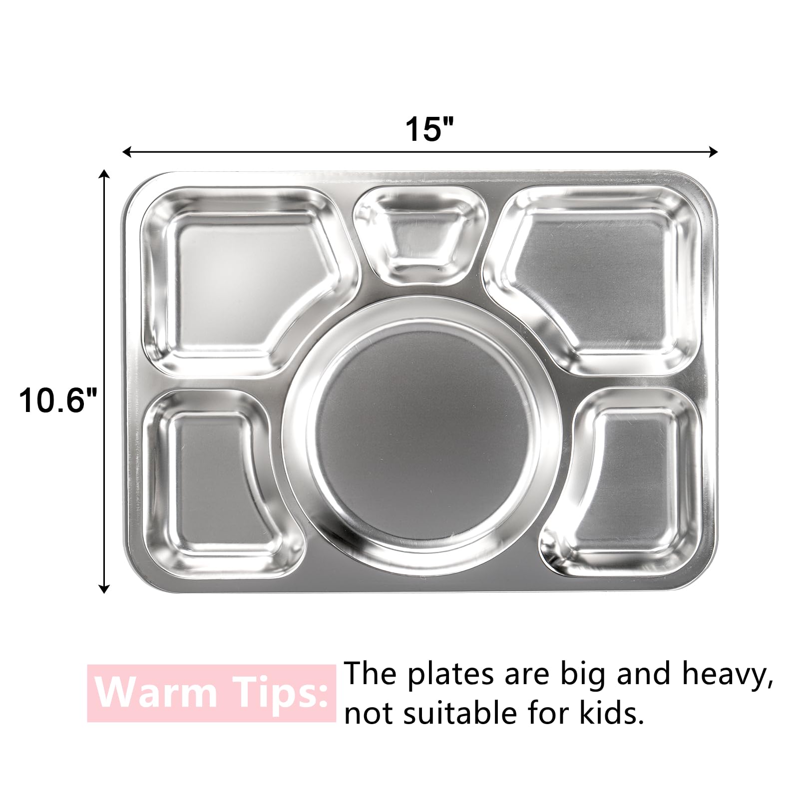 Hacaroa 4 Pack Stainless Steel Divided Dinner Plates, 15X10.6 Inches Snack Serving Plate With 6 Compartment, Metal Food Trays Fo