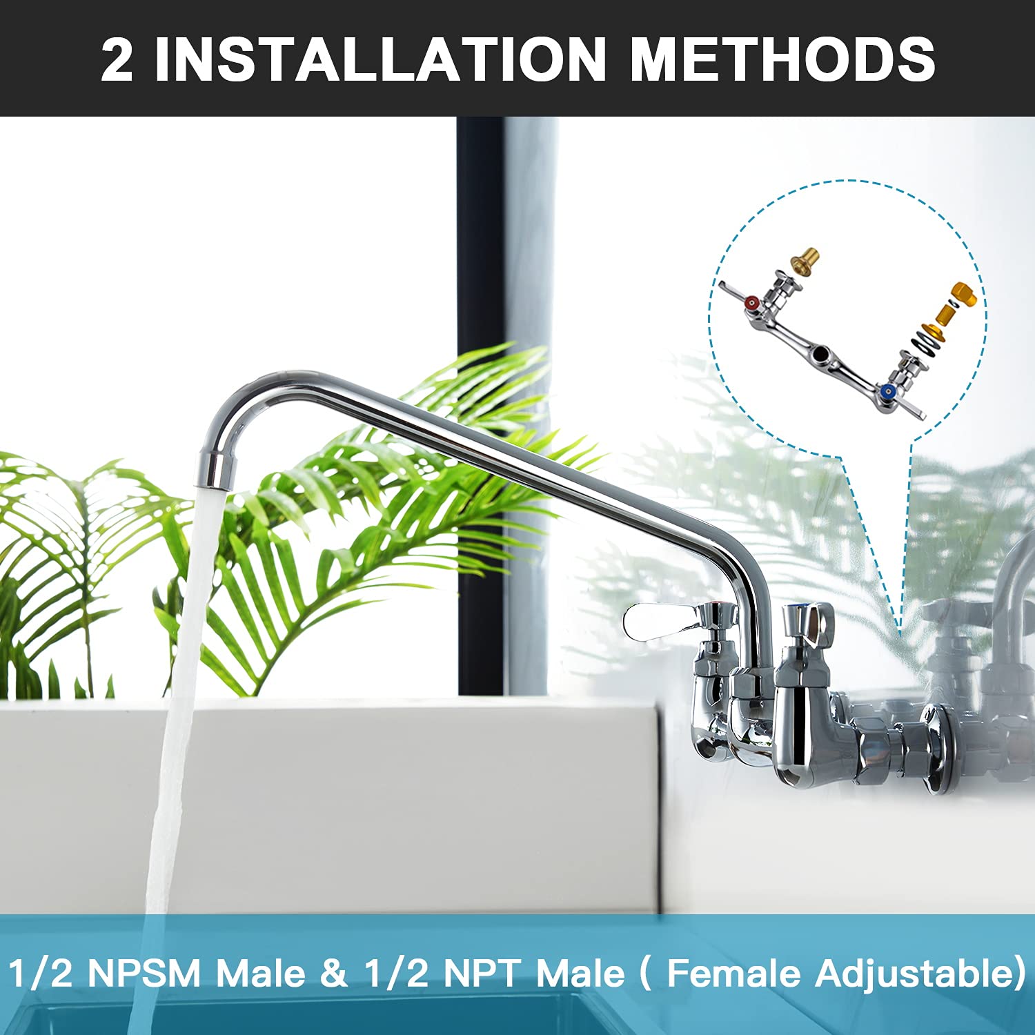 Favorpo Wall Mount Faucet 8 Inches Center Commercial Kitchen Faucet  12 Inches Swivel Spout Wall-Mount Utility Sink Faucets  2 Handle Wall Mounted Faucets for Kitchen Laundry Room Restaurant