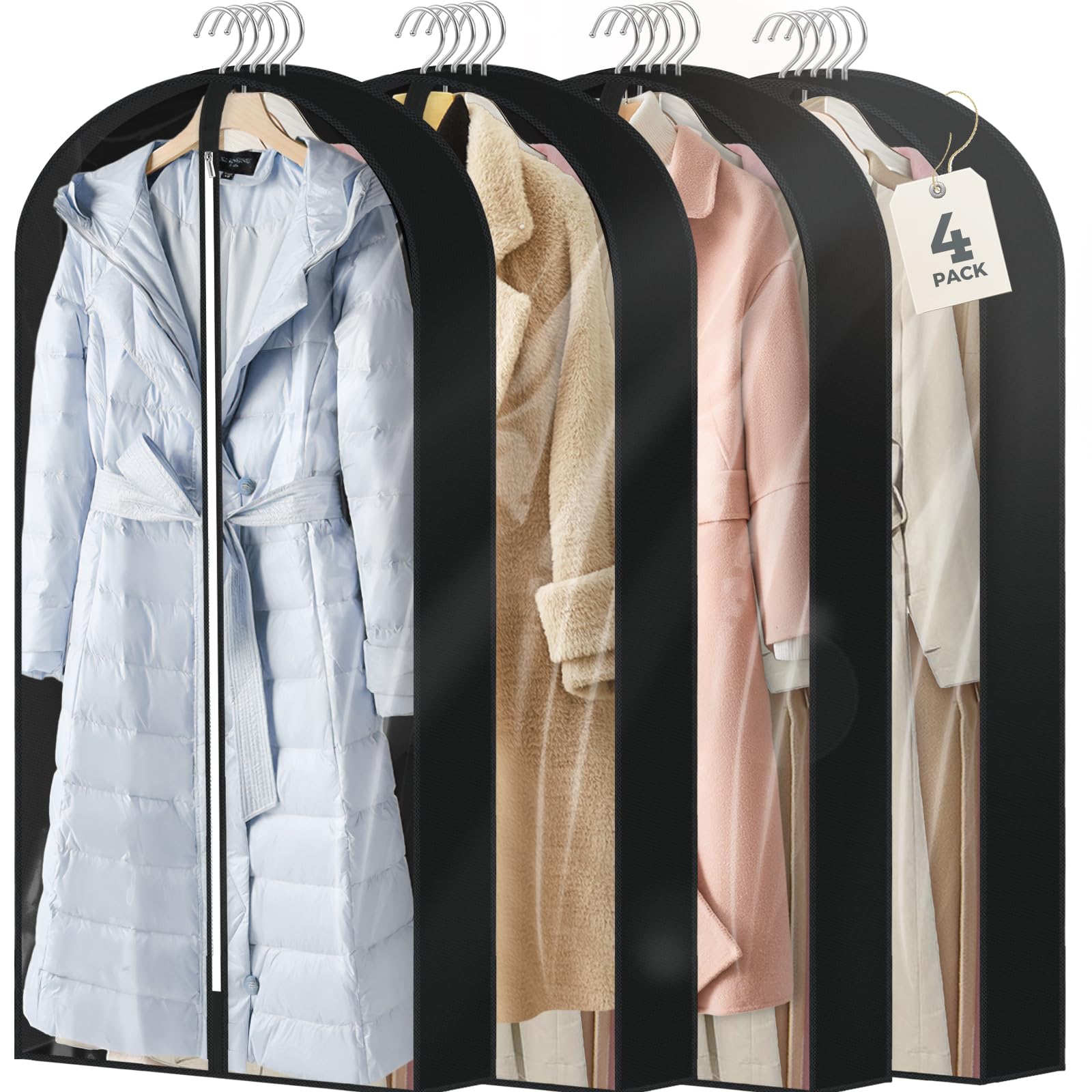 4 Pack 60'' Clear Garment Bags For Hanging Clothes, Suit Bags For Closet Storage, Clothing Storage, Garment Bags For Travel Cove