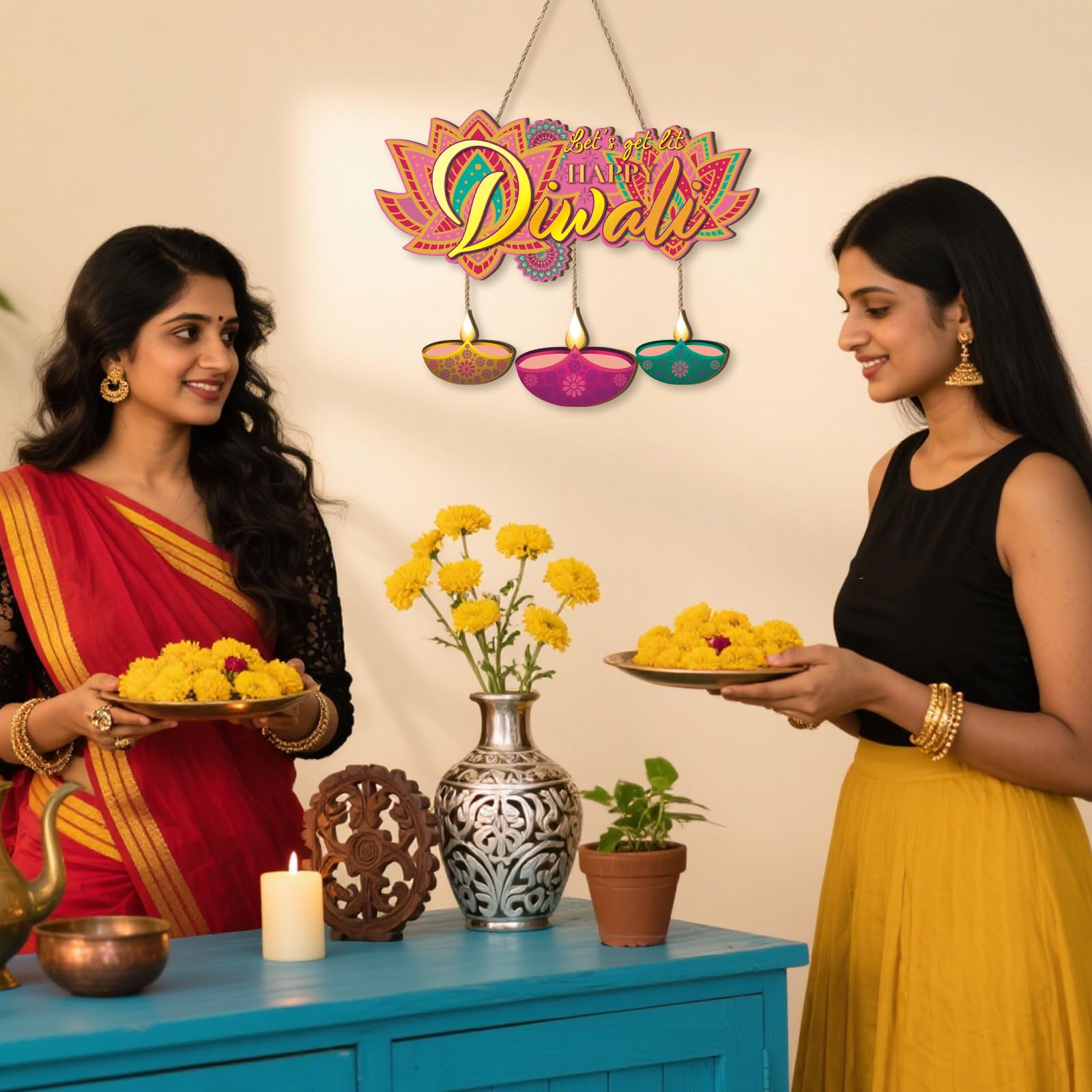 Aurlan Happy Diwali Signs,Let s Get LIt Diwali Door Decoration,Indian Festival of Light Party Decor,Diya Lotus Door Hangings,Dew