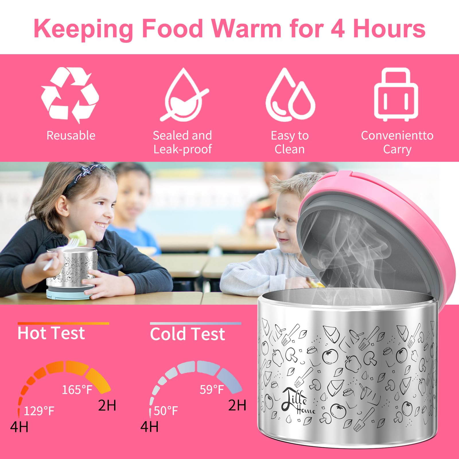 Lille Home Vacuum Insulated Lunch Box Set for Men & Women - Leak-Proof Bento Box  Meal Prep & Food Storage Containers  Lunch Bag  Portable Silverware Set (Pink)