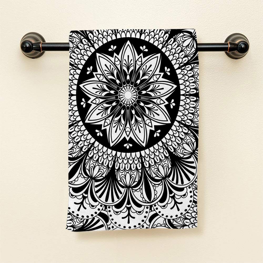 Hgod Designs Flower Hand Towels,Black And White Mandala Floral Seamless Pattern 100% Cotton Soft Bath Hand Towels For Bathroom K