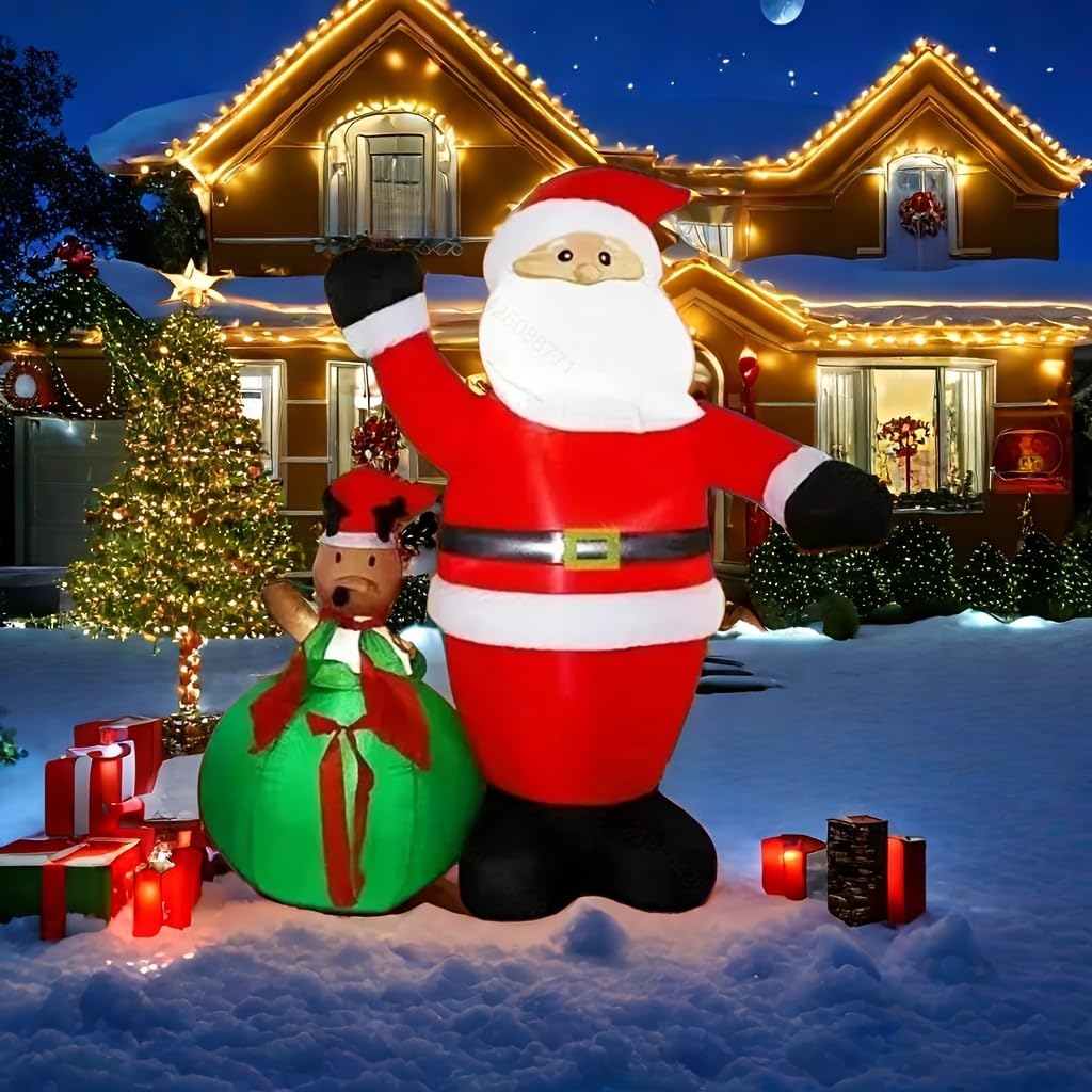 6 FT Christmas Inflatable Santa Claus+ Reindeer Peeking Out from Santas Sack- Lighted Blow Up Yard Decoration, Festive Outdoor H