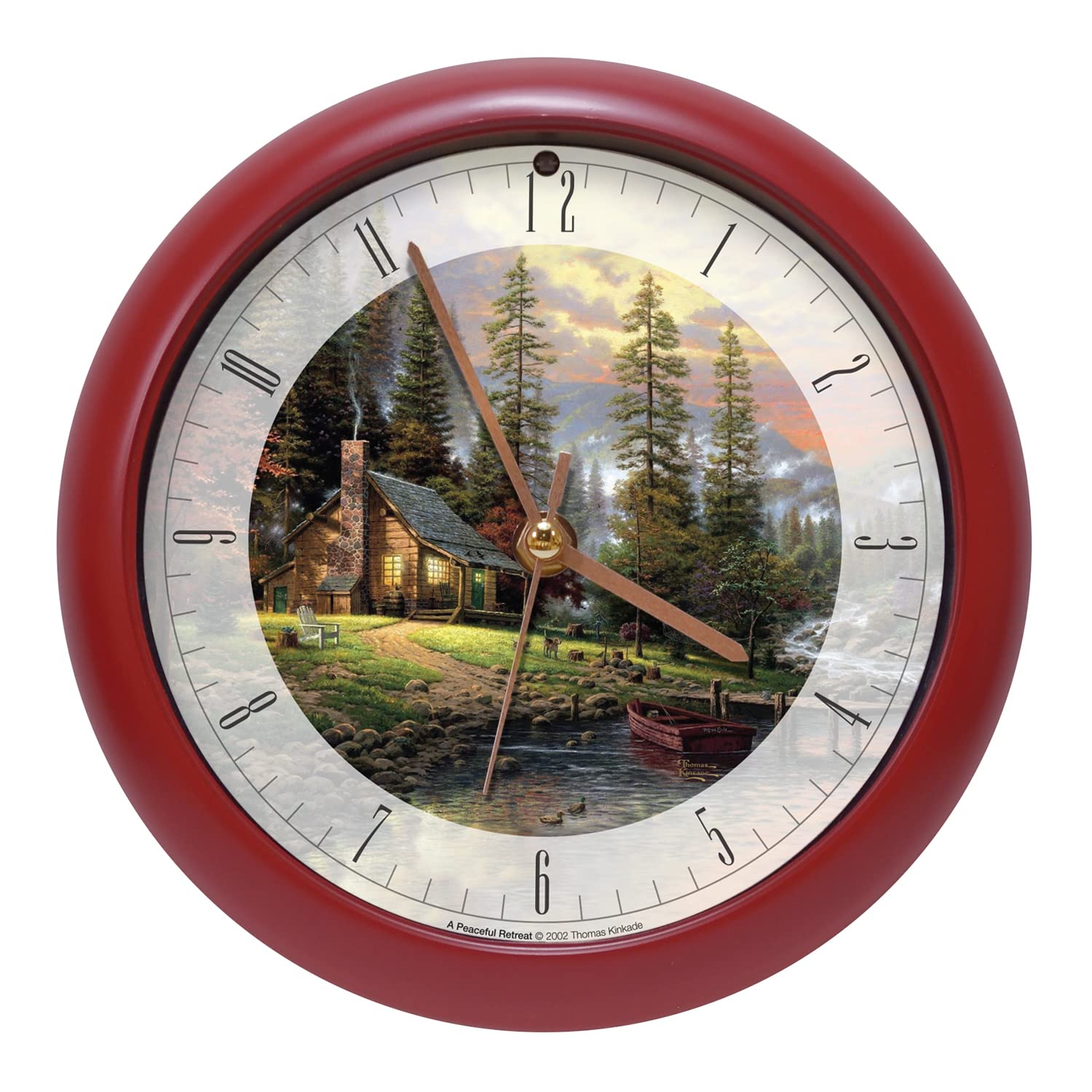 Mark Feldstein & Associates Thomas Kinkade Peaceful Retreat Meditative Nature Sound Clock, 8 Inch, Red, for Wall or Desk