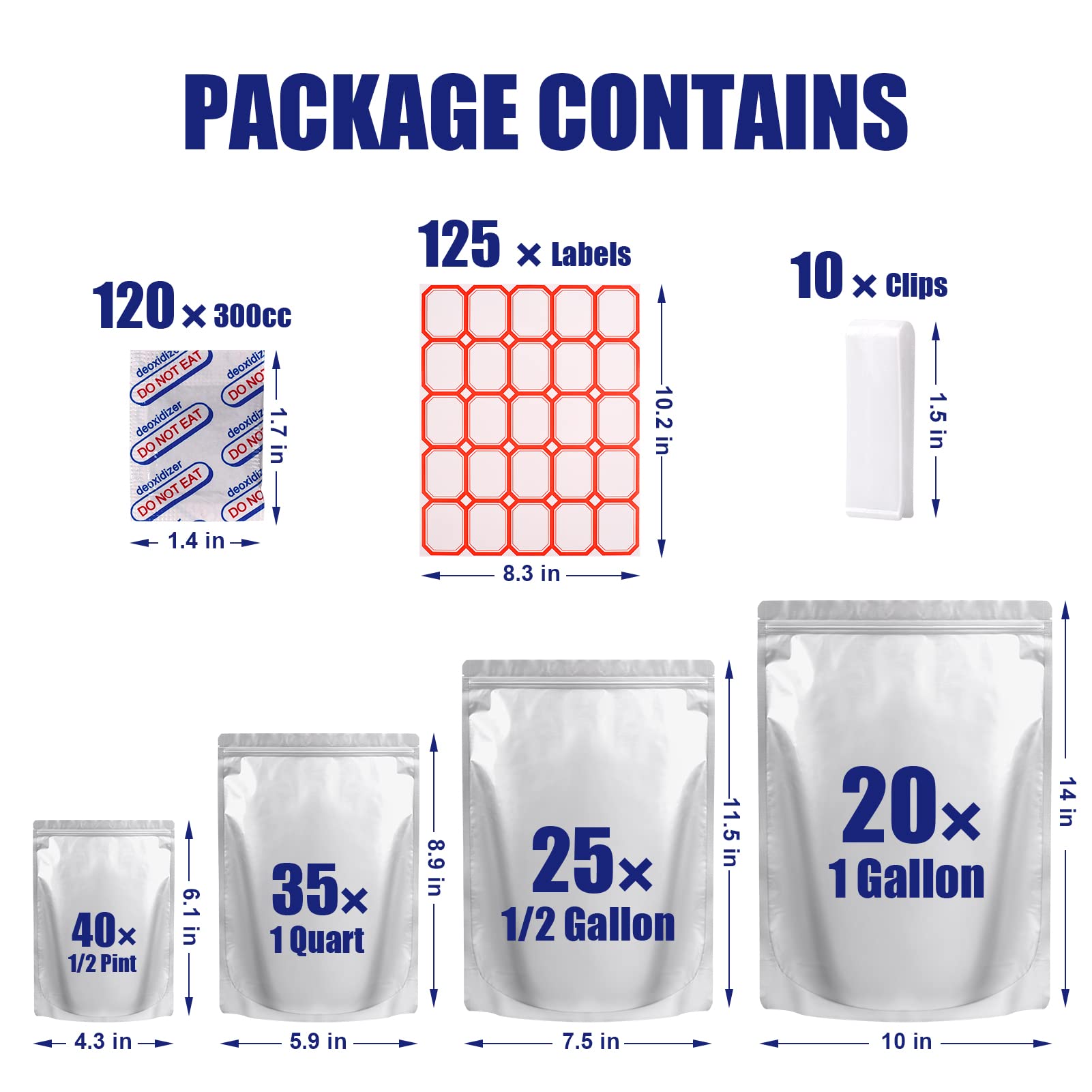 120 Mylar Bags for Food Storage with Oxygen Absorbers 300cc  8 Mil 1Gallon 10''x14''  7.5''x11.5''  6''x9''  4.3''x6.3'' Stand-Up Zipper Resealable Bags & Heat Sealable Food Storage Bags + Labels