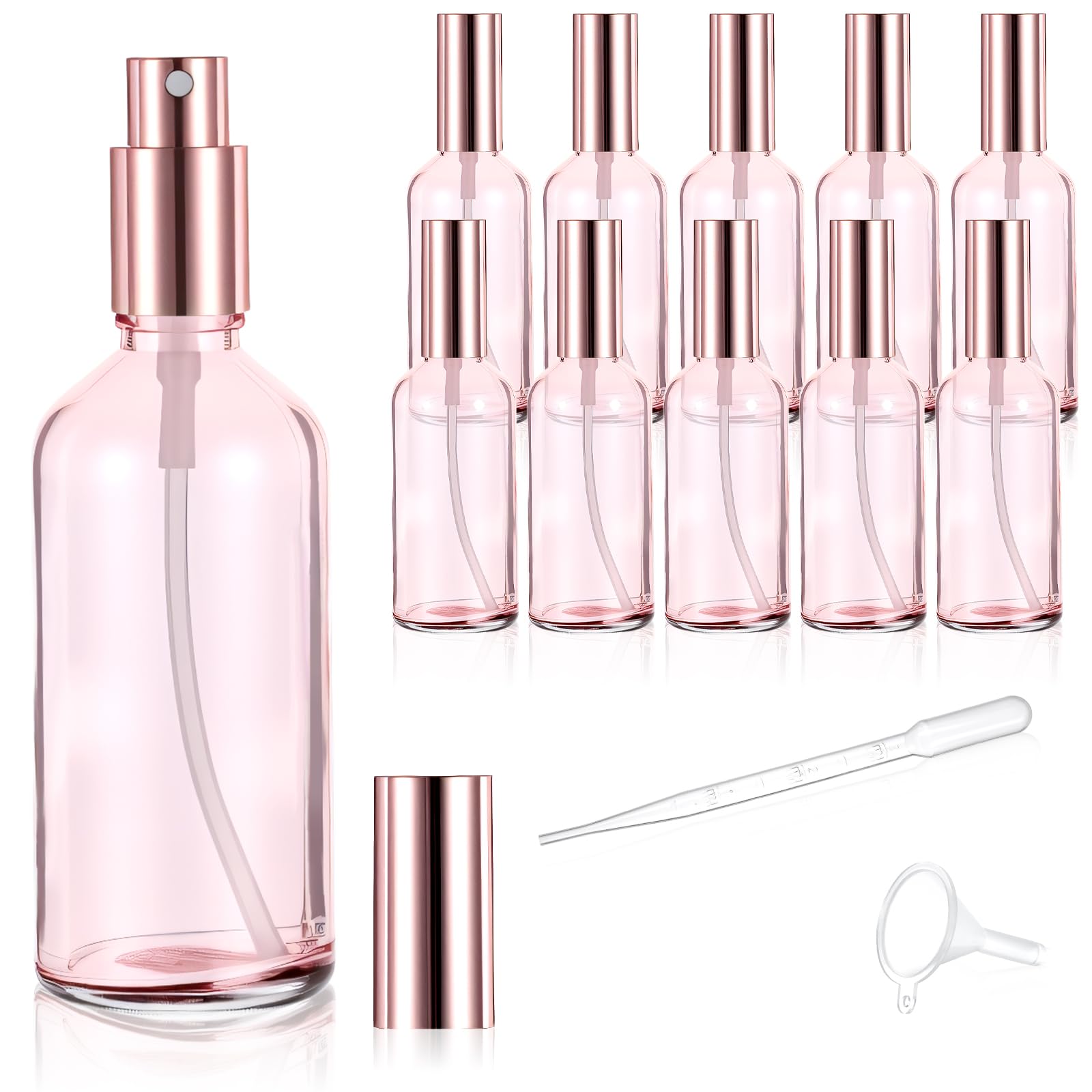 10 Pack 3.4 Oz Pink Glass Spray Bottles, Refillable Fine Mist Atomizers with RoseGold Caps, Empty Perfume Bottles for Essential