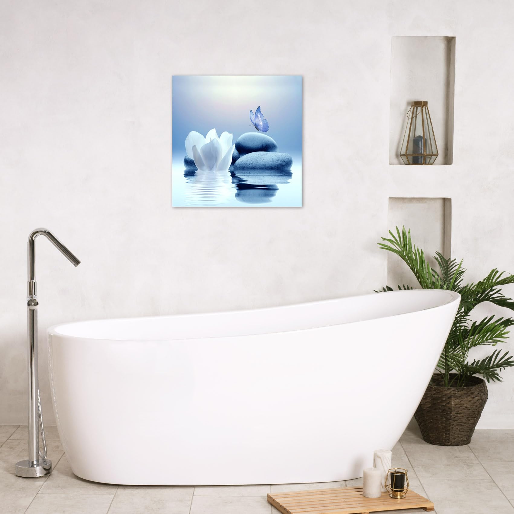 Eobtain Zen Canvas Wall Art Blue Floral And Butterfly On Stone Framed Wall Art For Bathroom Living Room Bedroom Modern Spiritual