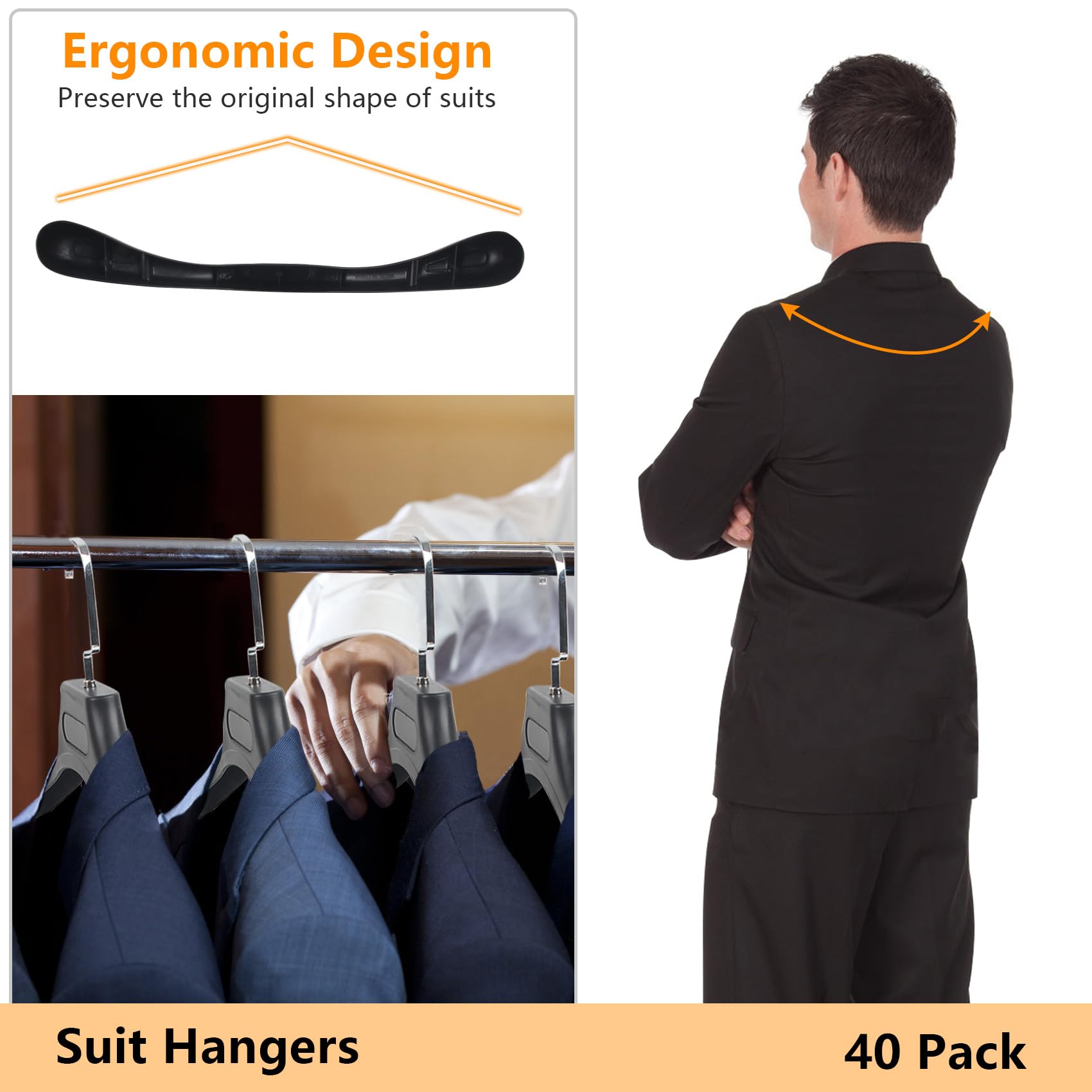 DEDU Suit Hangers for Men 40 Pack  Sweater Hangers No Shoulder Bump Non Slip Width 17.7''  Plastic Clothes Hangers Black with 360?Swivel Metal Hook