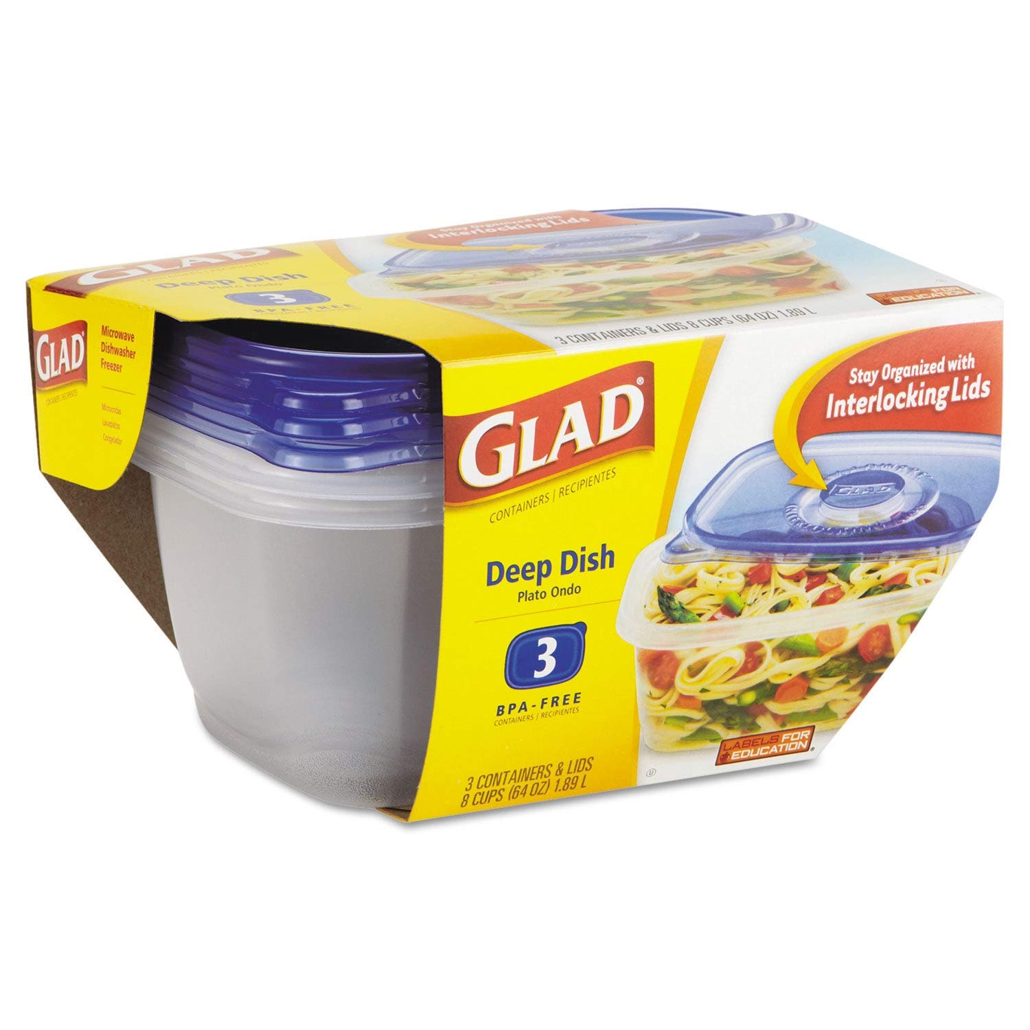 Gladware Deep Dish Containers With Lids, 8 Cups (64 Oz) 3 Containers