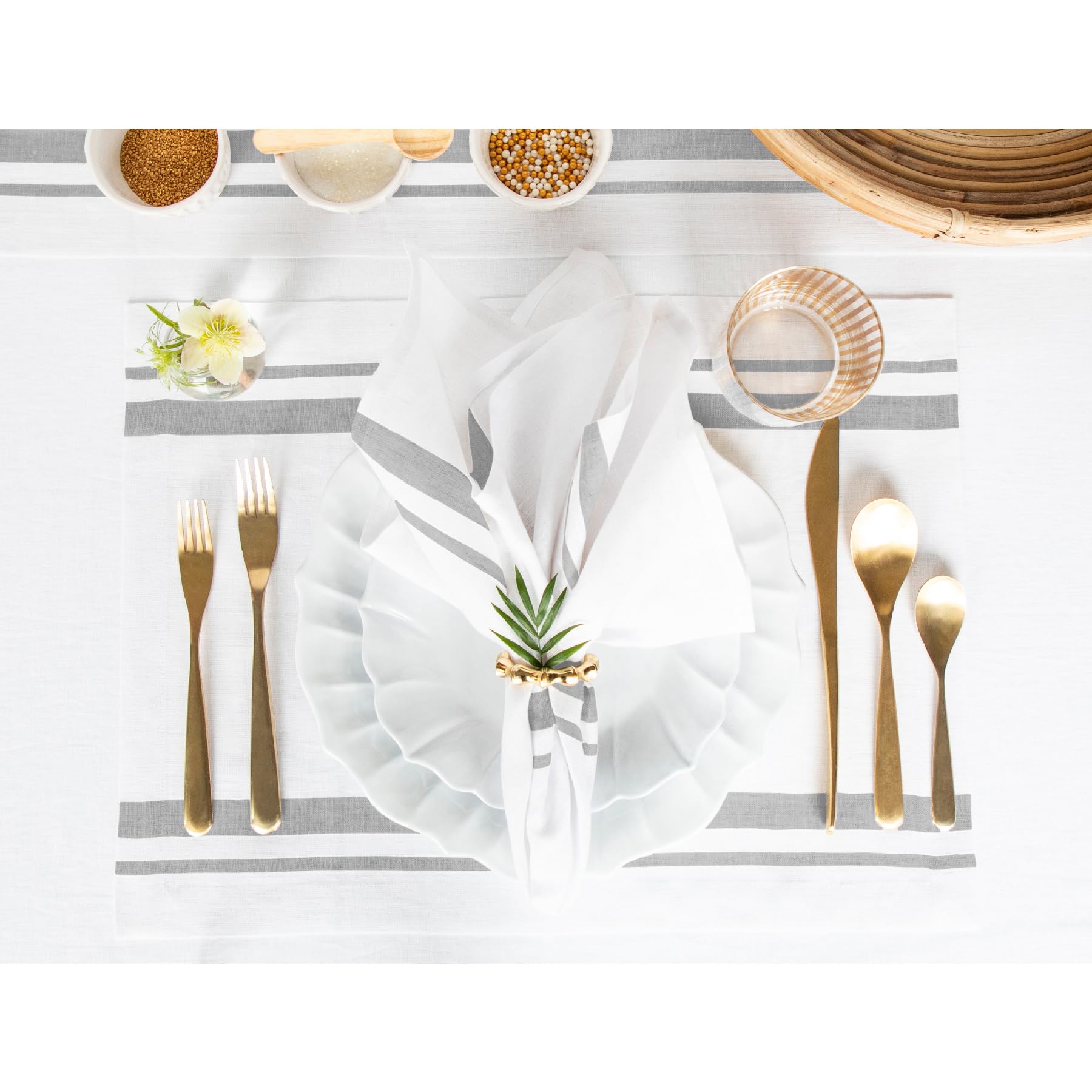Solino Home Stripe Linen Dinner Napkins 20 X 20 Inch - 100% Pure Linen Grey And White Cloth Napkins Set Of 4 For Spring, Easter