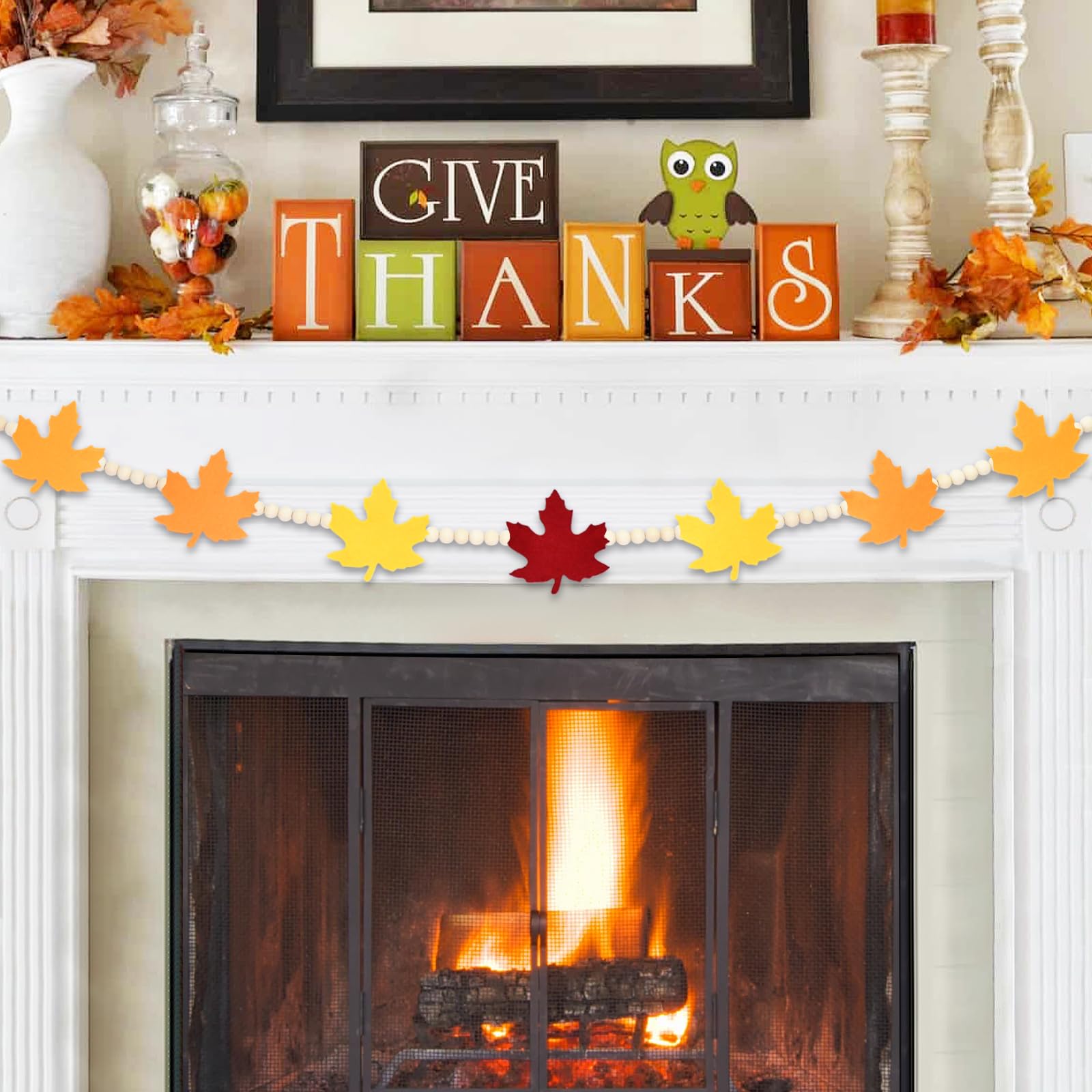 4.2 Ft Autumn Wooden Beads Garland With Maple Leaf Charms, Fall Harvest Colors Beaded Decor With Felt Maple, Rustic Farmhouse Ba