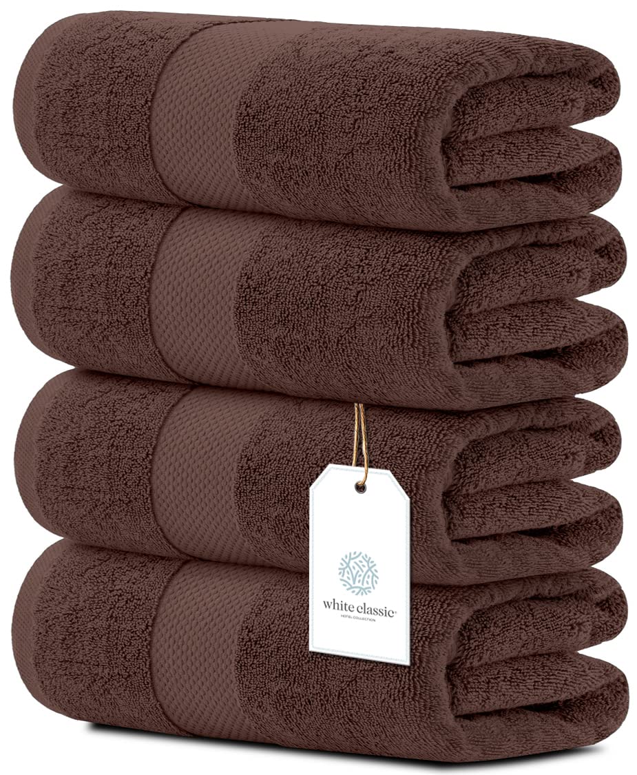 White Classic Luxury Bath Towels Large - Cotton Hotel spa Bathroom Towel 30x56  4 Pack  Brown