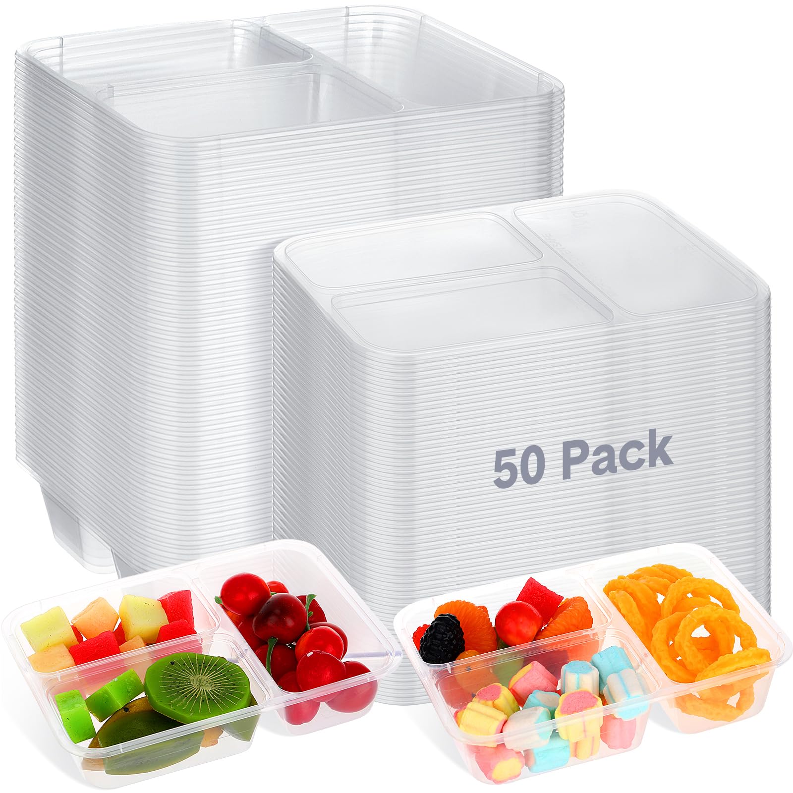 Zhehao 50 Pack 17 oz Clear Snack Containers with Lids 3 Compartment Box Containers Bulk Plastic Bento Snack Boxes for Lunch Work