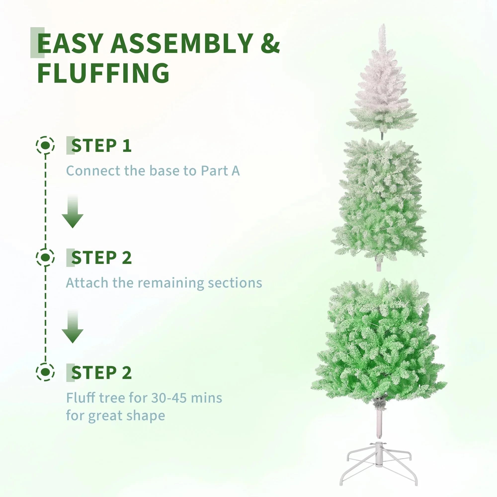 7.5ft Snow Flocked Pencil Christmas Tree with Green Gradient, Slim Artificial Xmas Tree on Sturdy Metal Stand, Skinny Holiday De