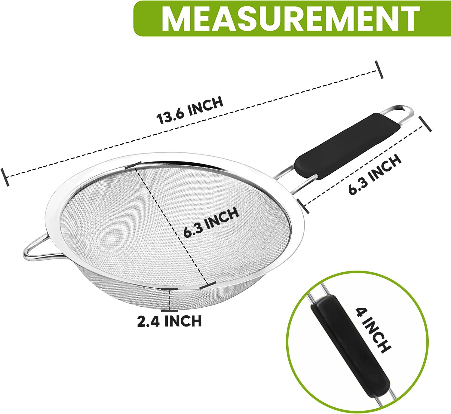 Kafoor 6.3'' Fine Mesh Strainer With Thermo Plastic Rubber Handle - Sieve Fine Mesh Stainless Steel - Ideal To Sift Flour, Icing
