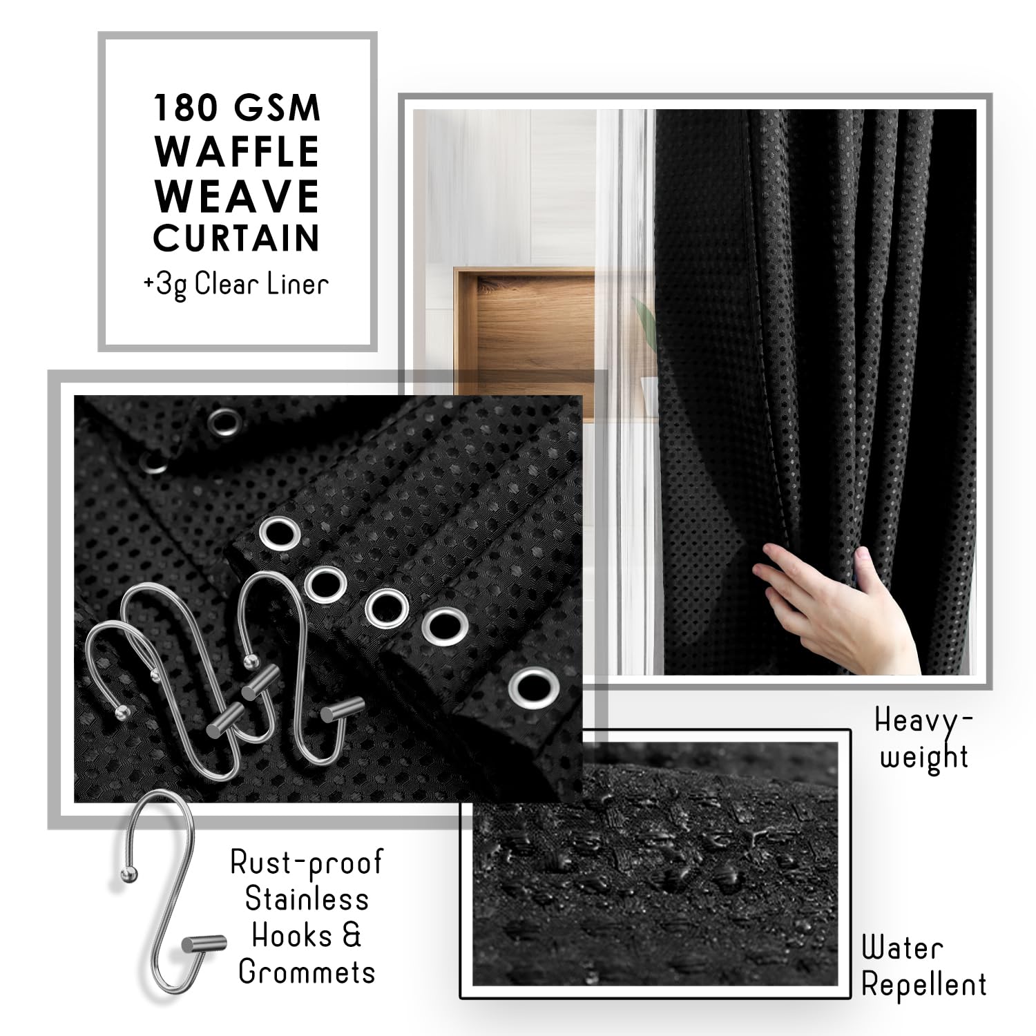 Clara Clark Bathroom Accessories Set - 22Pc Bathroom Set, Bathroom Sets With Shower Curtain And Rugs, Black Shower Curtain Set W