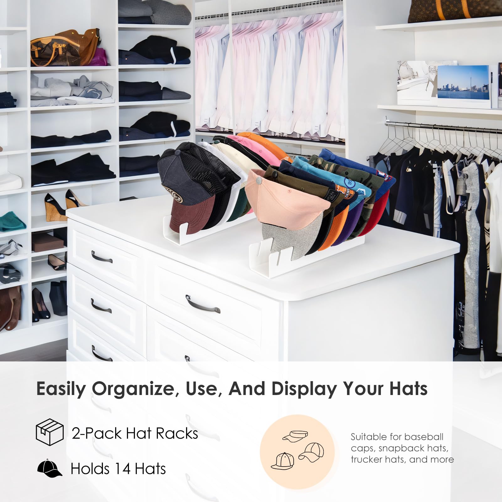Hayvan Hat Organizer For Baseball Caps 2024 New 2 Pcs, No Install Acrylic Hat Holder For 14 Baseball Caps For Bedroom, Closet, D