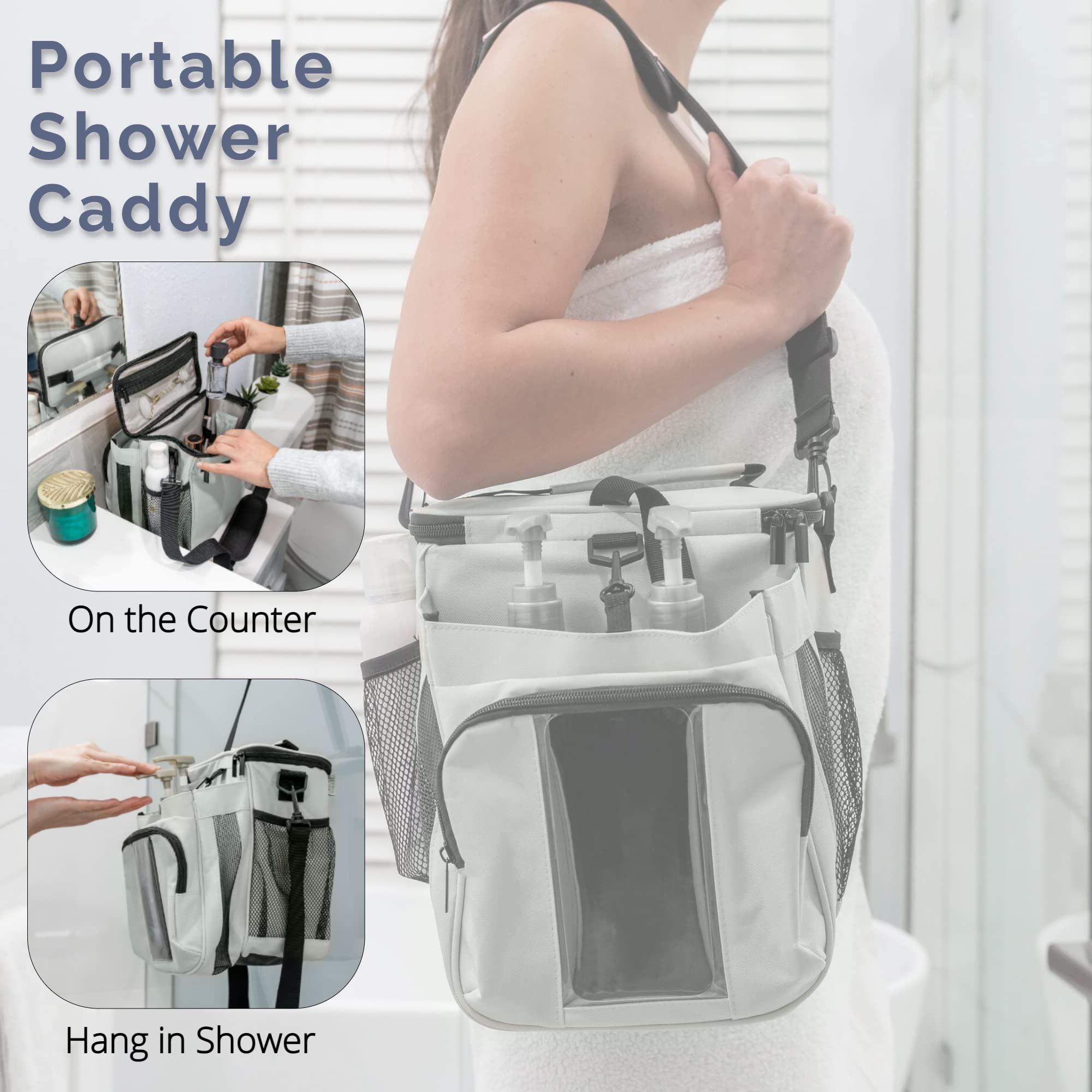 Terra Home Portable Shower Caddy Bag- Large Capacity, Quick Dry With Metal Hook - Hanging Shower Bag - Breathable Mesh Toiletry