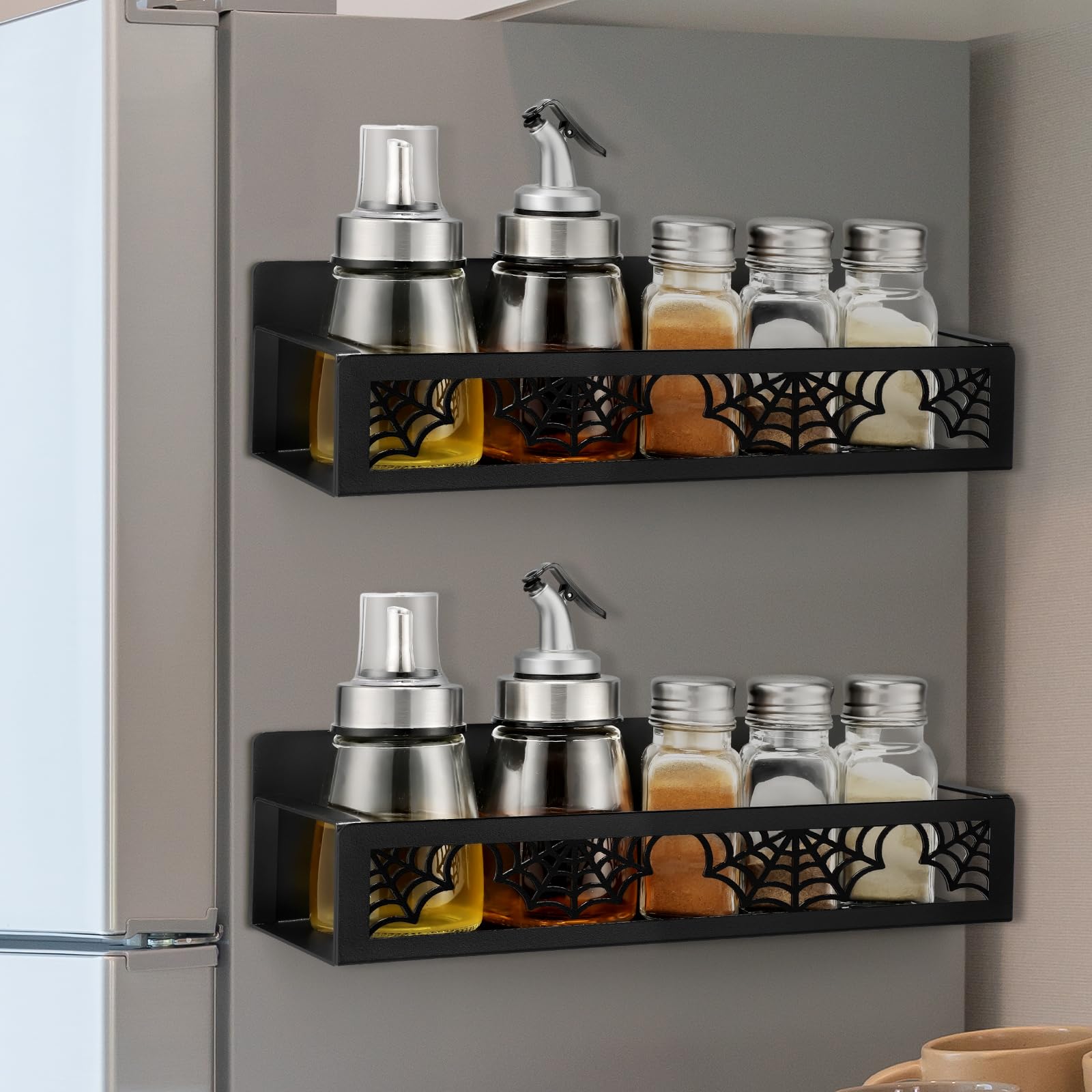 Beeveer 2 Pcs Magnetic Spice Rack for Refrigerator, Black Spider