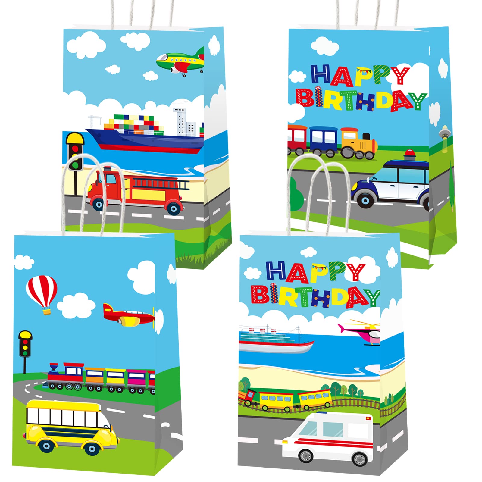 Gisgfim 12Pcs Transportation Party Favor Gift Bags Transportation Theme Party Treat Paper Candy Goodie Bag With Handle For Trans