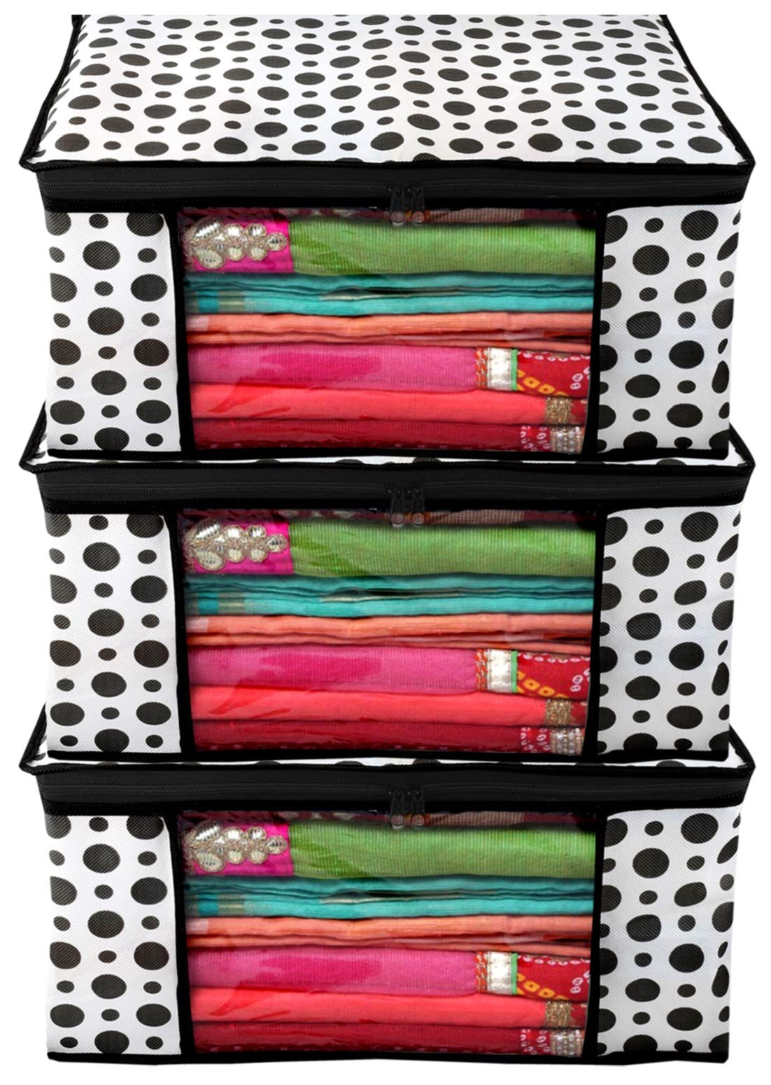 Kuber Industries Polka Dots Design 3 Piece Non Woven Fabric Saree Cover/Clothes Organiser For Wardrobe Set With Transparent Wind