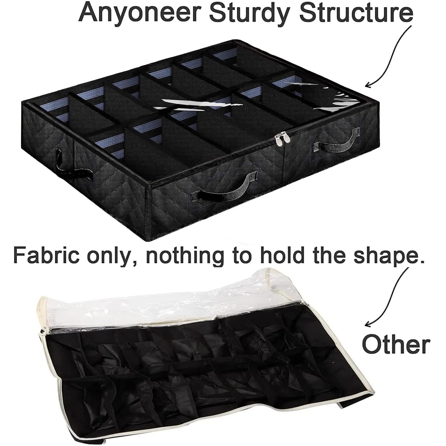Anyoneer Under Bed Shoe Storage,Set of 2, Sturdy Sidewalls,Adjustable Dividers,Reinforced Handle,Sturdy Zipper,Bottom with Panel