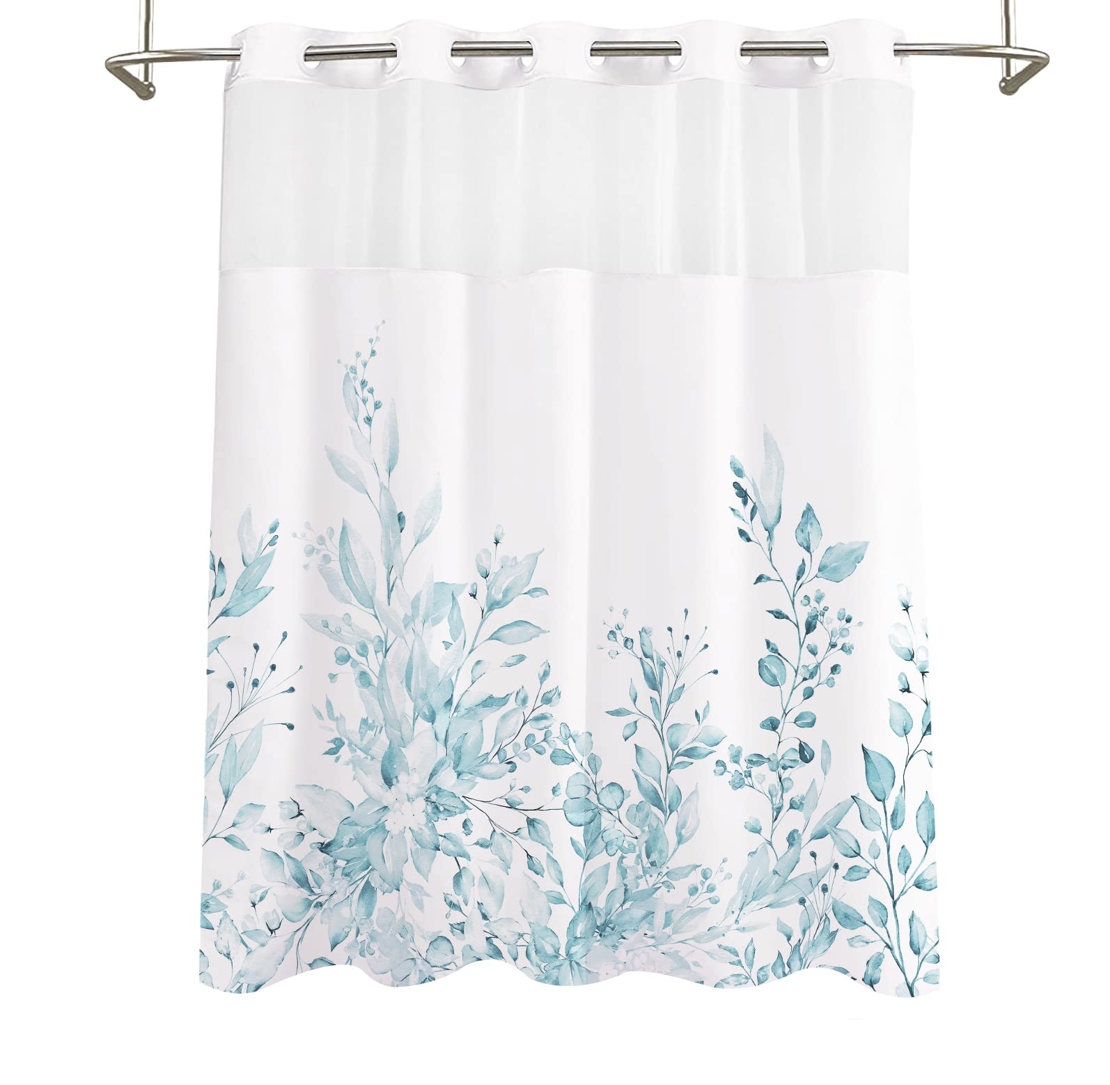 Tititex No Hooks Snap In Liner Spun Sugar Light Blue Eucalyptus Leaves Shower Curtain Sets, Hotel Luxury Double Layers Waterproo
