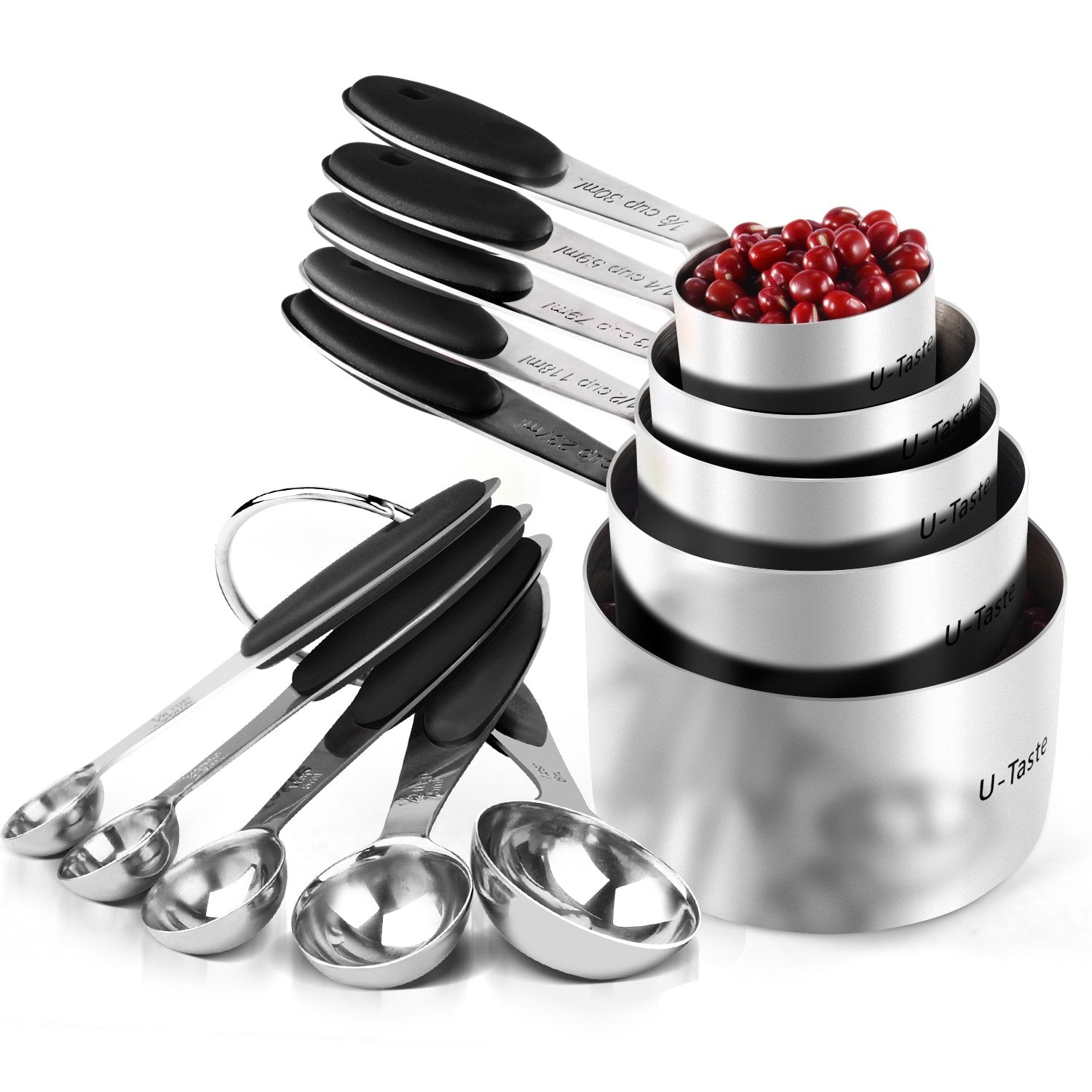 Measuring Cups : U-Taste 18/8 Stainless Steel Measuring Cups And Spoons Set Of 10 Piece, Upgraded Thickness Handle(Black)