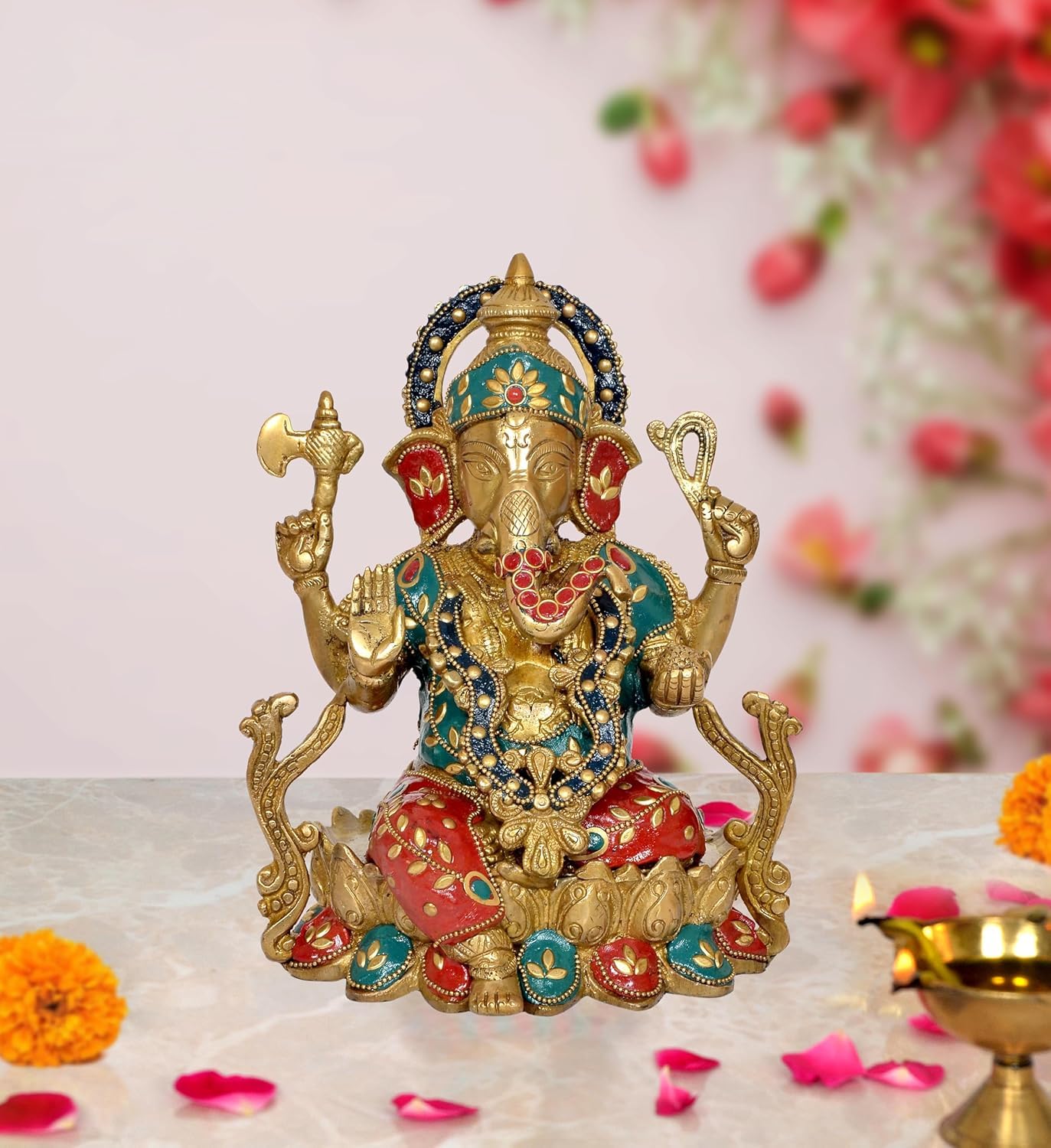 Aona Brass Ganesha Ganesh Statue Idol Murti Ganpati For Home, Height : 10 Inch
