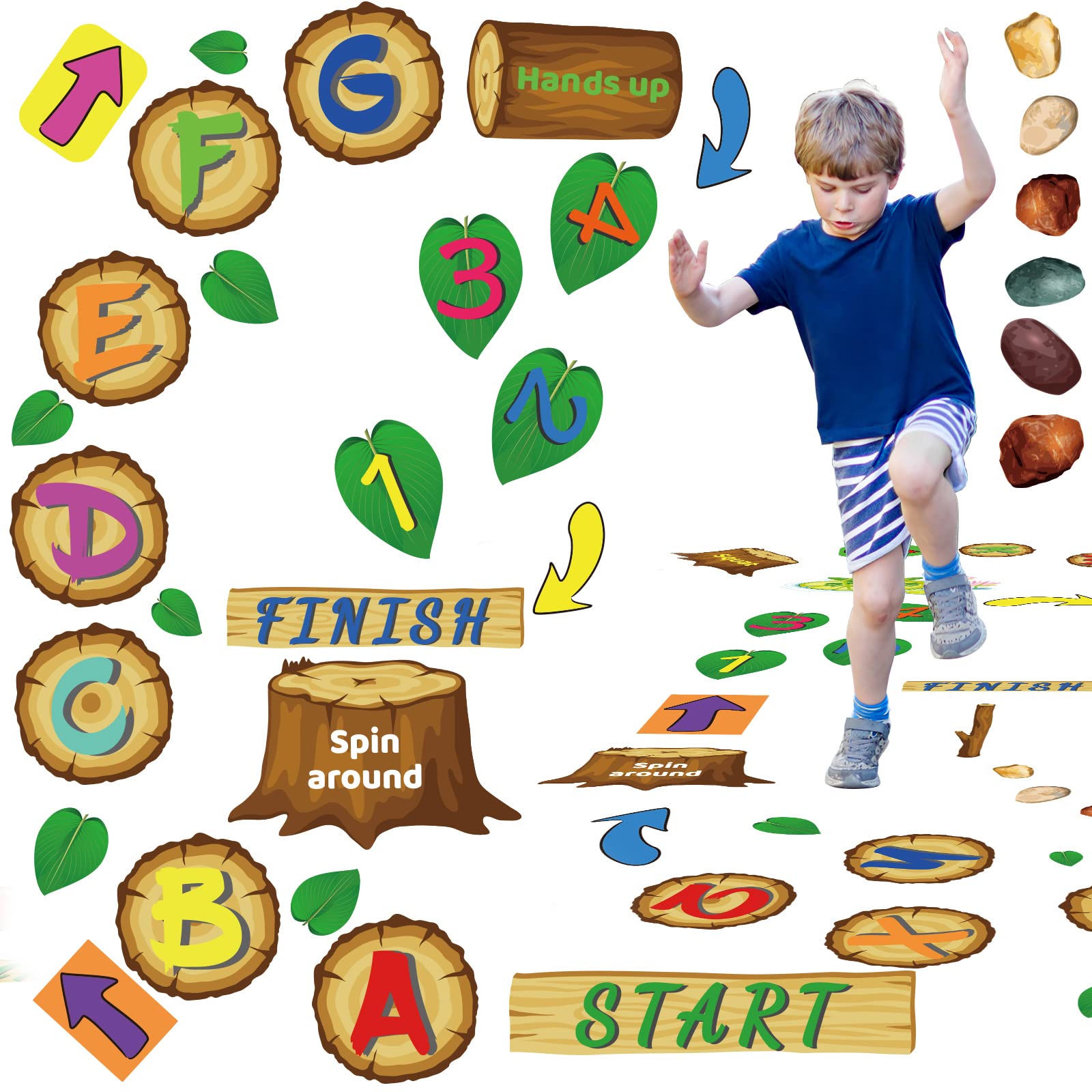 115 Pieces Alphabet And Number Diy Hopscotch Education Floor Decal Jungle Hopping Game Wooden Logs Decals Hopscotch Game For Bab