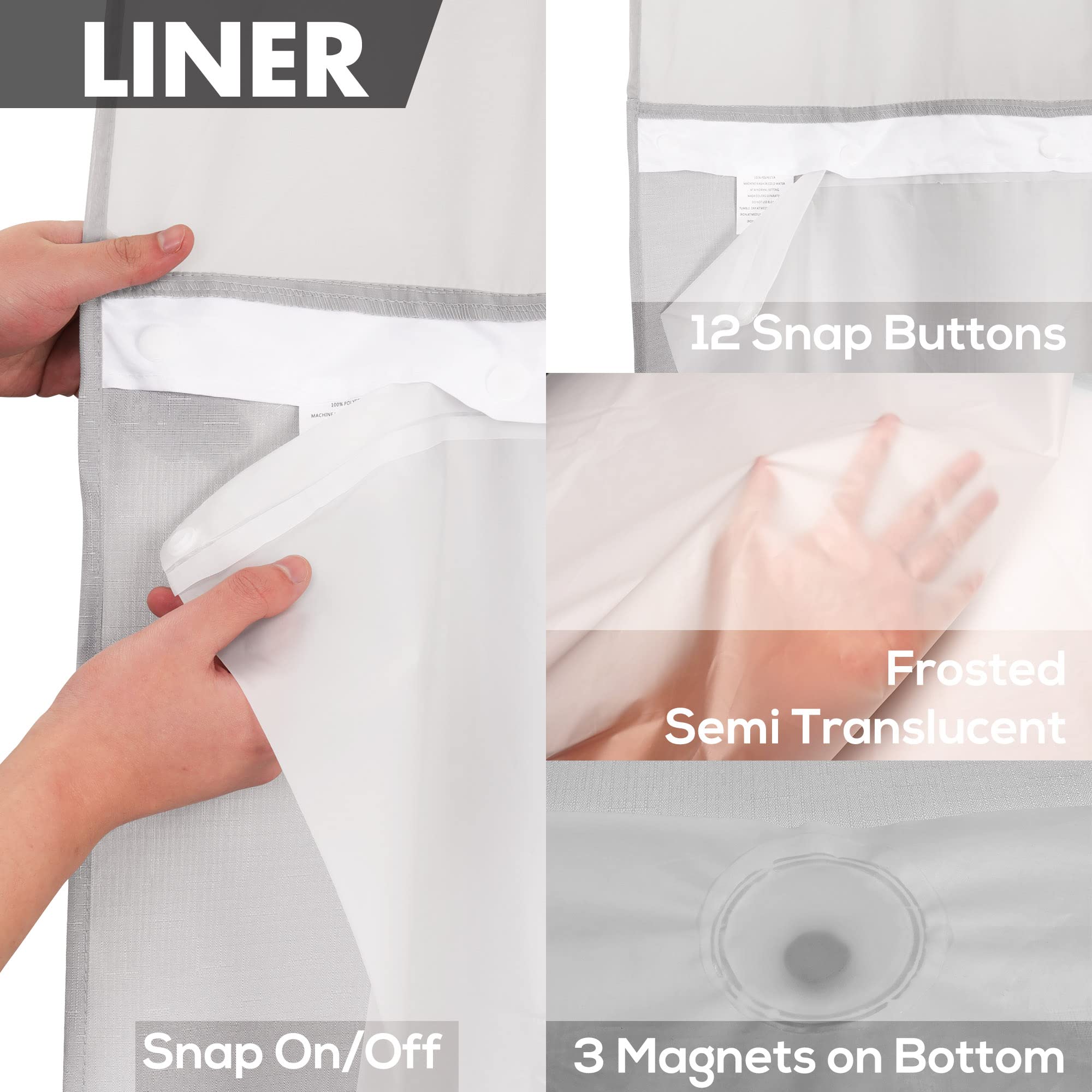 Extra Long No Hook Slub Textured Shower Curtain with Snap-in PEVA Liner Set - 71'' x 86''(84'')  Hotel Style with See Through Top Window  Grey Fabric Curtain & Waterproof Liner  Gray  71x86