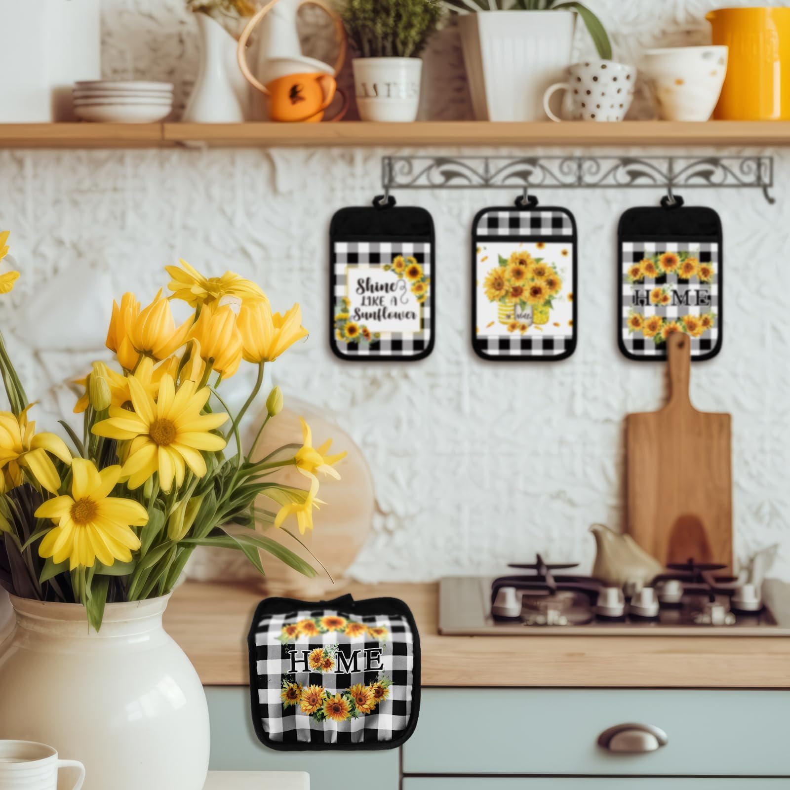 Jingmore 12 Pcs Sunflower Pot Holders with Pocket Teacher Appreciation Gift Bulk Summer Pot Holders Buffalo Plaid Hot Pads and O