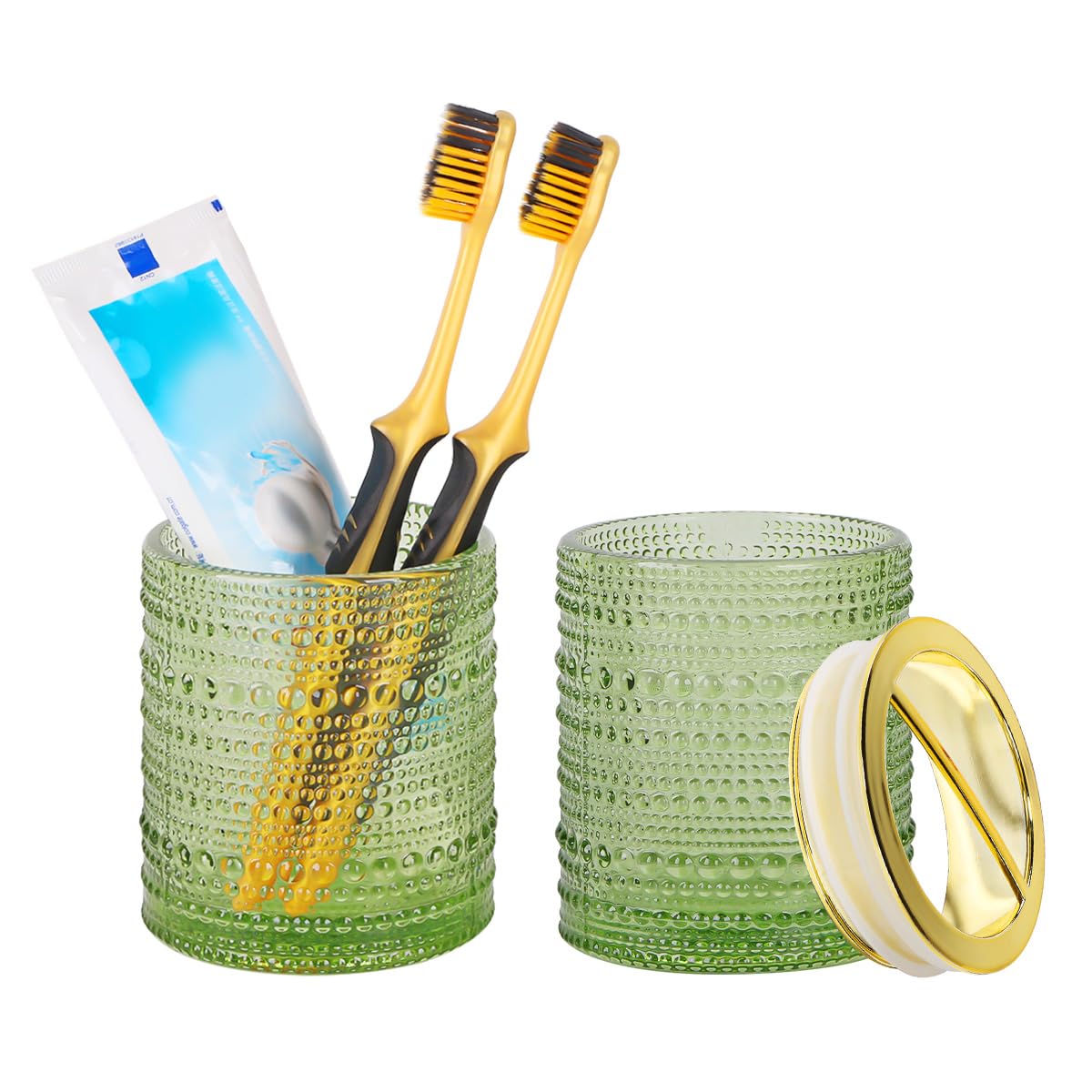 Tonxus Green Toothbrush Holders,2Pcs Glass Toothbrush Holder Set,Clear 10Oz Bathroom Tumbler,Gold Toothbrush And Toothpaste Cup