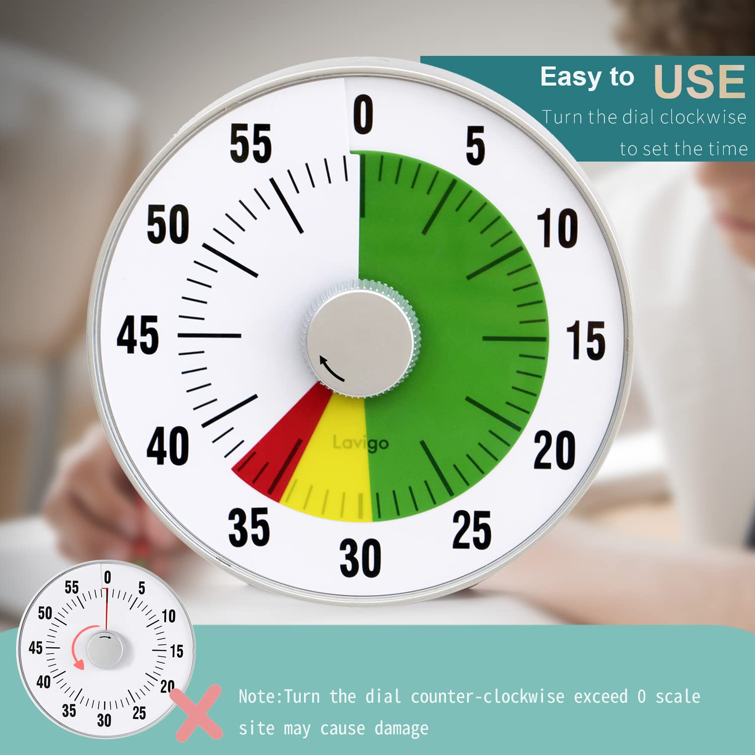 Lavigo Kitchen Timer, Countdown Visual Analog Timer, Quiet Counting, Low Loud And Mute Alarm For Teachers Classroom, Kids, Adult