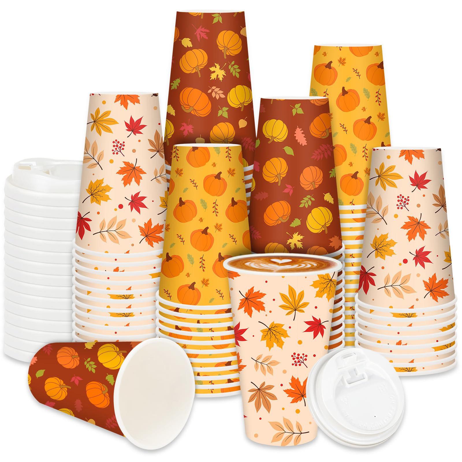 JarThenaAMCS 72 Sets Fall Thanksgiving Disposable Coffee Cups with Lids Maple Leaf Pumpkin Paper Drinking Cup for Autumn Harvest