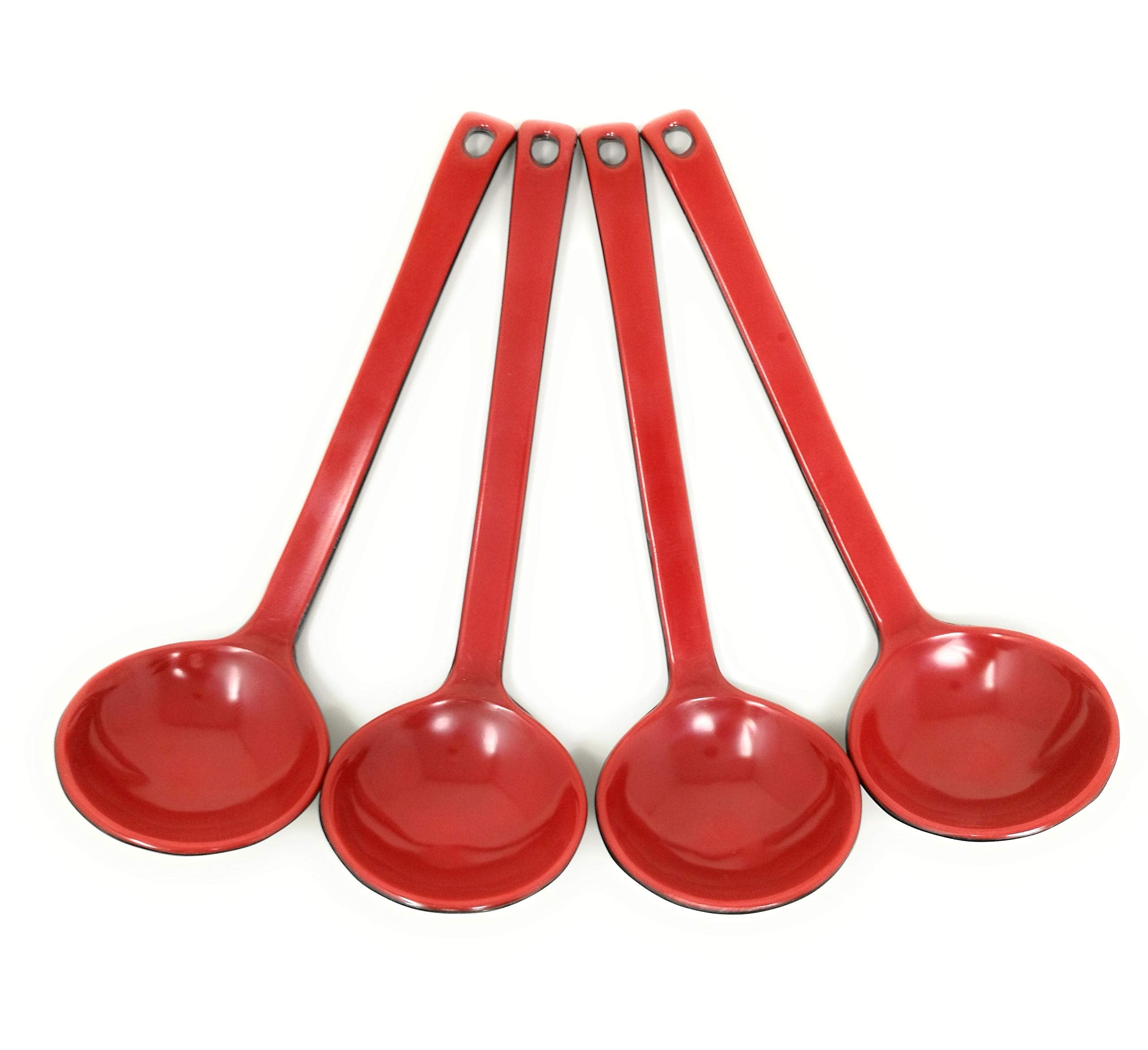 Tj Global Red And Black Melamine Japanese Long Handle Spoons For Ramen, Soup, Hot Pot Eating, Mixing, Stirring 8.25 Inches (4)