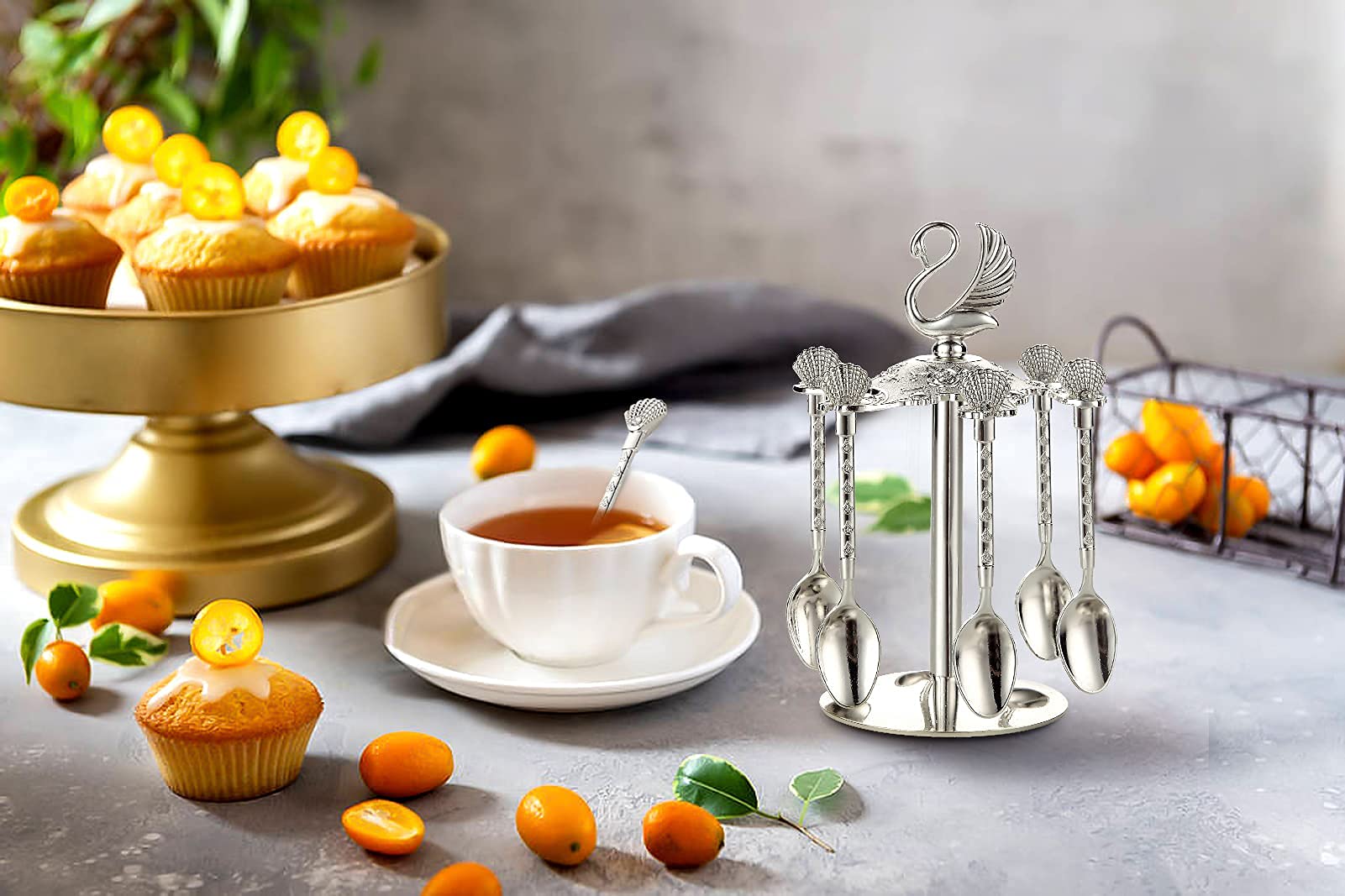 Decorative Swan Base Holder With 6 Spoons, Teaspoons, Coffee Dessert Spoons Set For Fruit, Stirring, Mixing, Sugar, Ice Cream, C