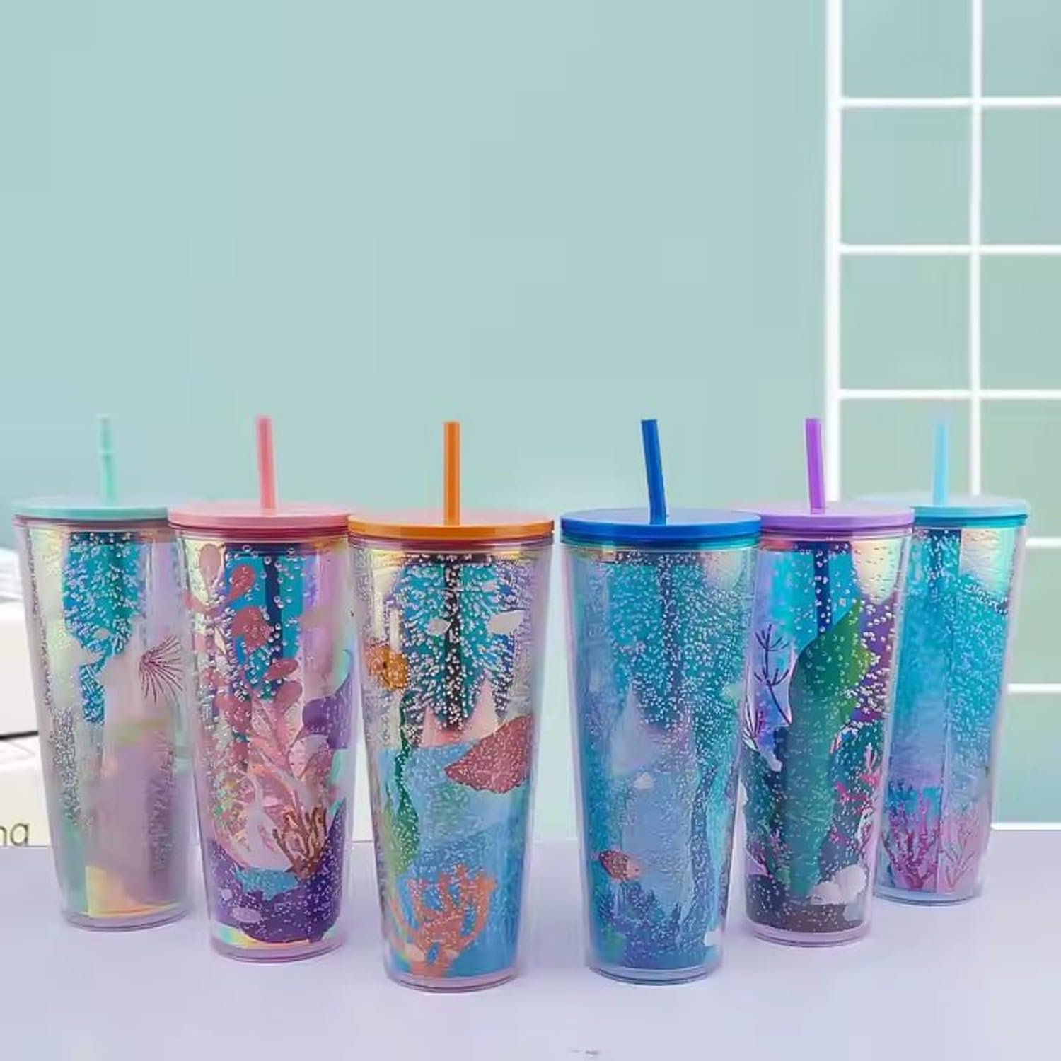 Double Wall Tumbler with Straw, Ocean Theme with Glitter, 25.7cm Height, 9.5cm Diameter, Reusable Plastic Cup