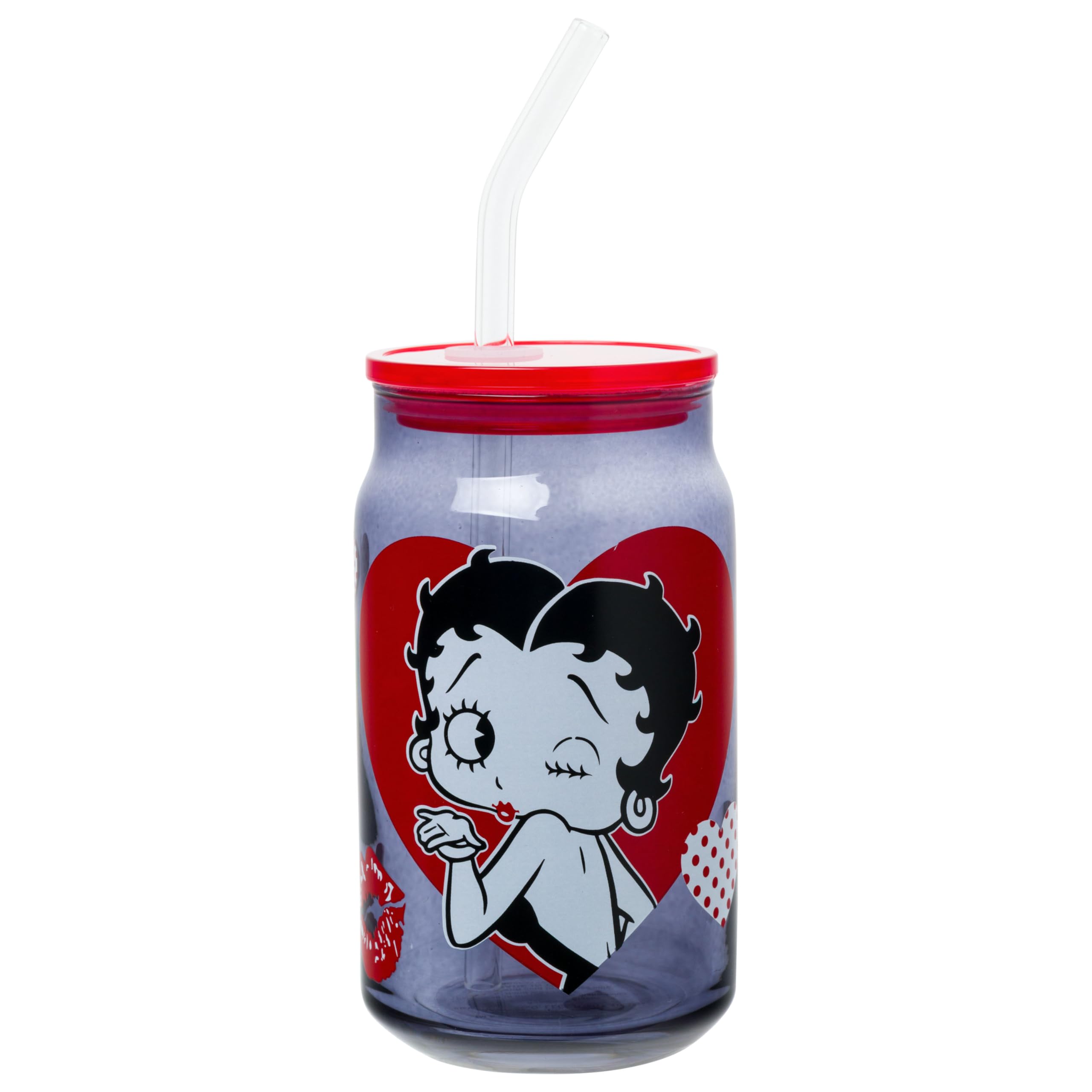 Silver Buffalo Betty Boop Wink and Kiss Glass Jar Tumbler with Bamboo Lid and Glass Straw, 16 Ounces