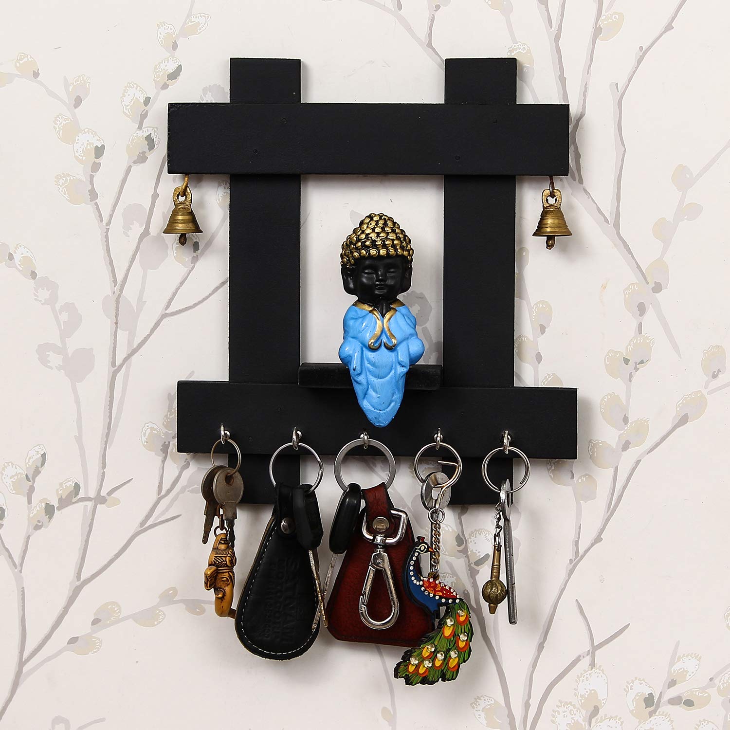 eCraftIndia Peaceful Buddha Sitting Wooden Keyholder with 5 Key Knobs
