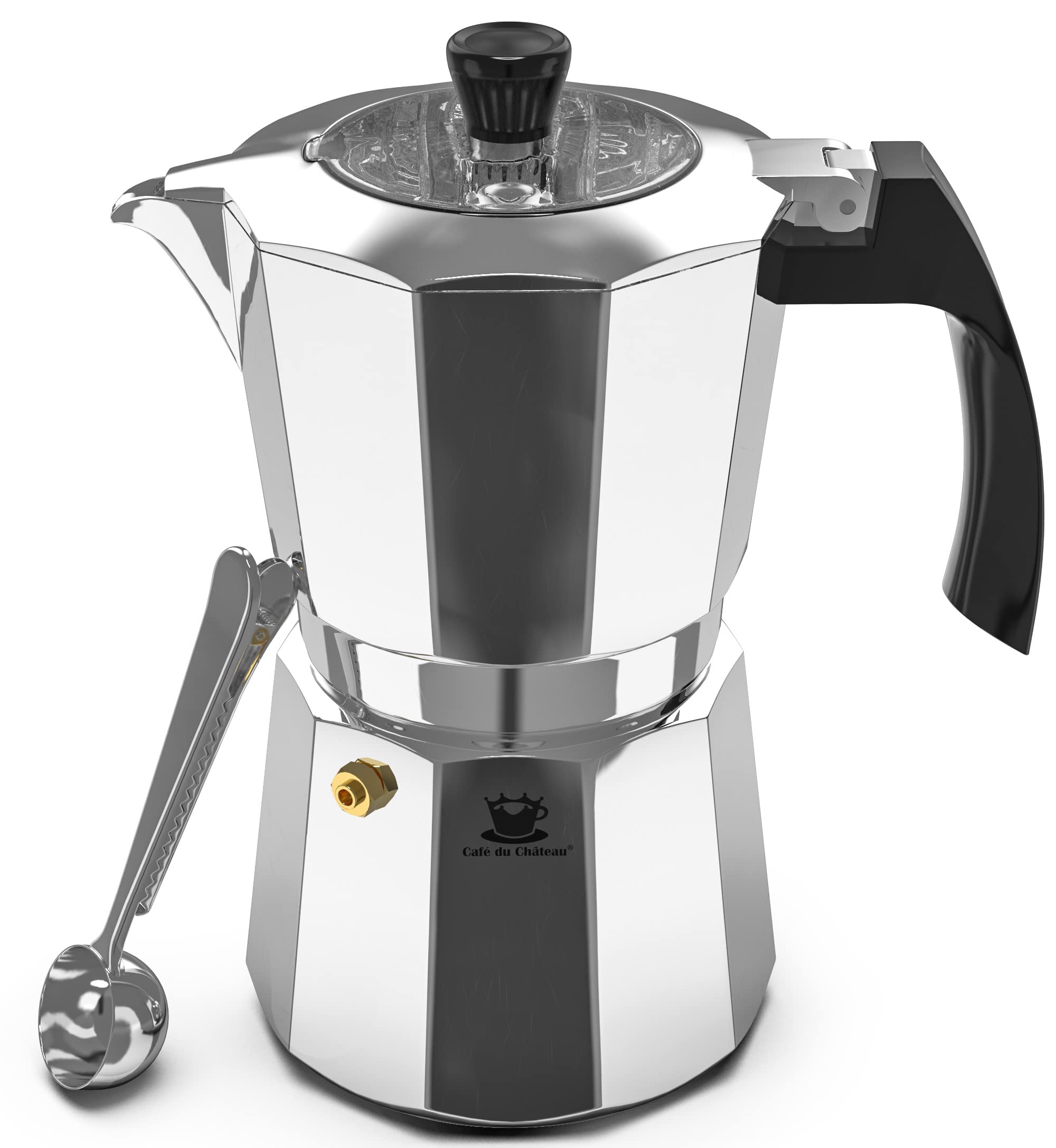Cafe Du Chateau Espresso Maker (6 Cup) Transparent Top Lid, High Gloss Finish, With Coffee Clip Spoon - Coffee Percolator, Campi