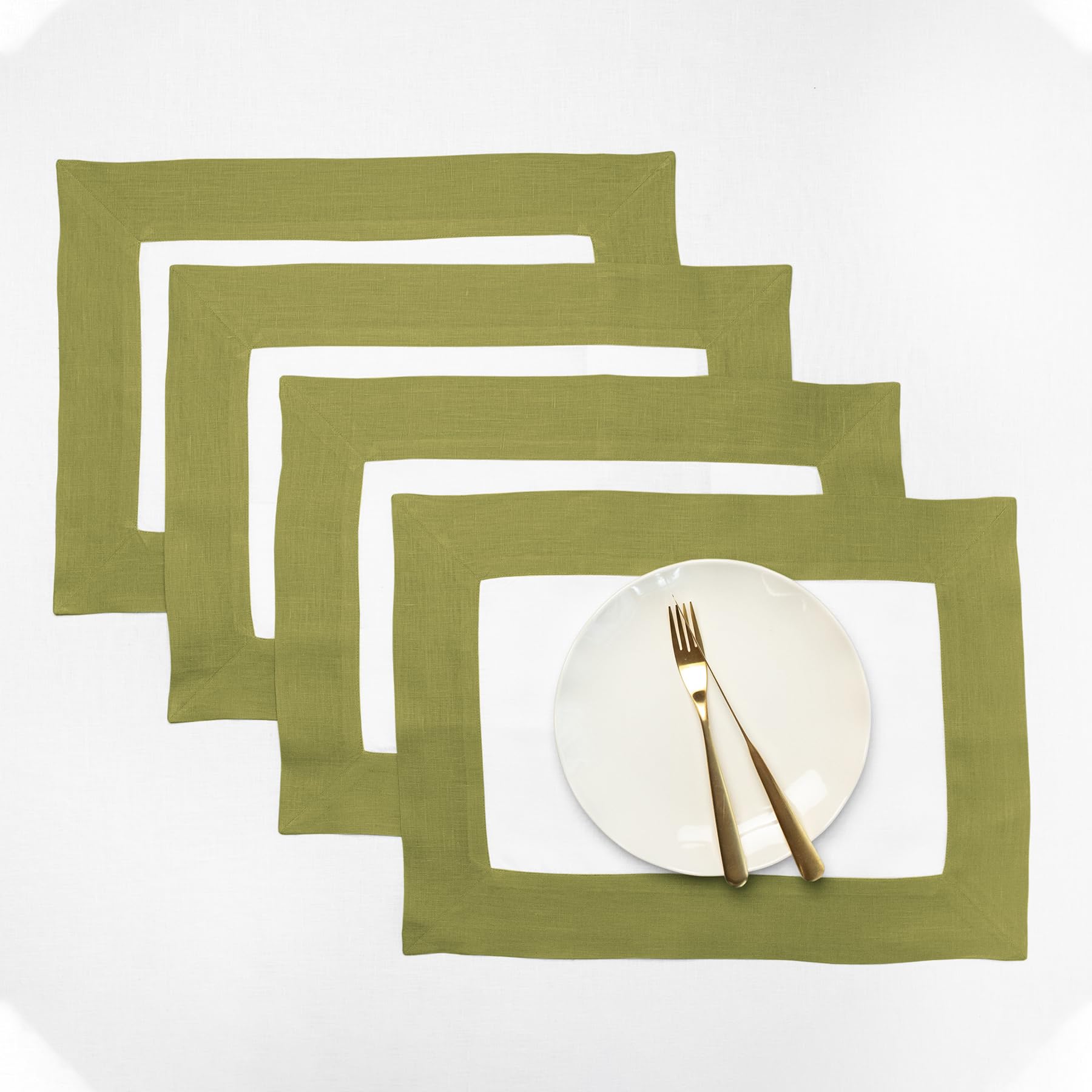 Solino Home Linen Placemats Set of 4-100% Pure Linen Cloth Fabric Placemats Avocado and White - 19 L x 14 W Inch Washable Dining