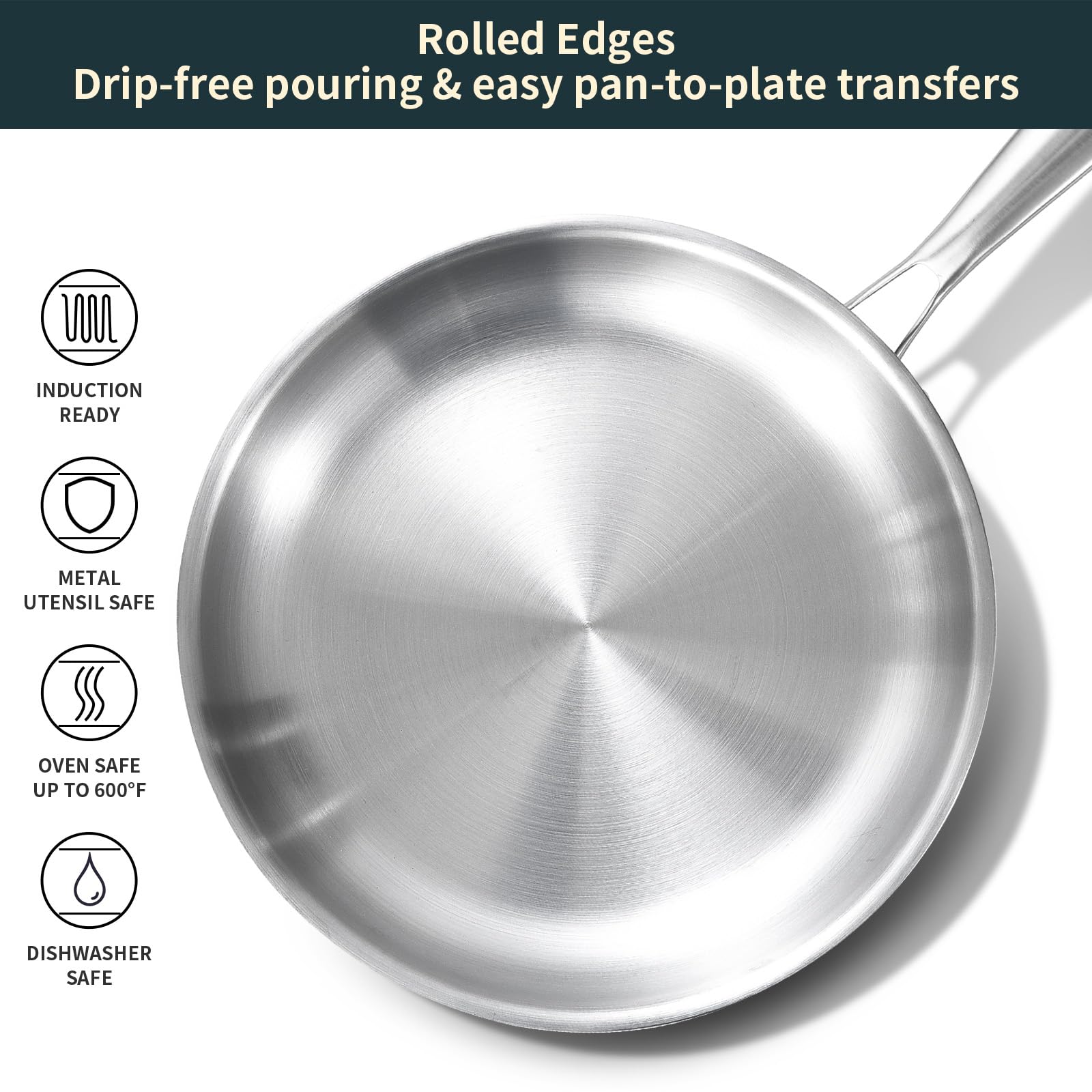 Delarlo Full Clad Tri-Ply Stainless Steel Frying Pan, 10 Inch Pan, All Stove Compatible Up To 600?, Heavy Duty, Oven Safe Skille